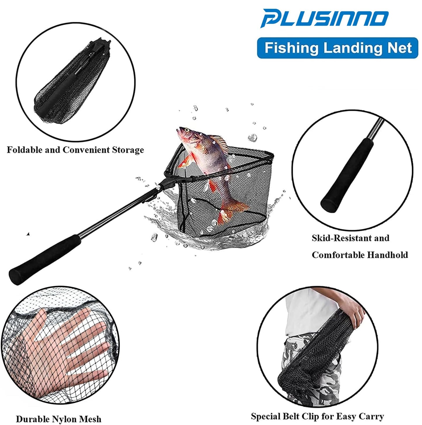 PLUSINNO Fishing Net Fish Landing Net, Foldable Collapsible Telescopic Pole Handle, Durable Nylon Material Mesh, Safe Fish Catching or Releasing