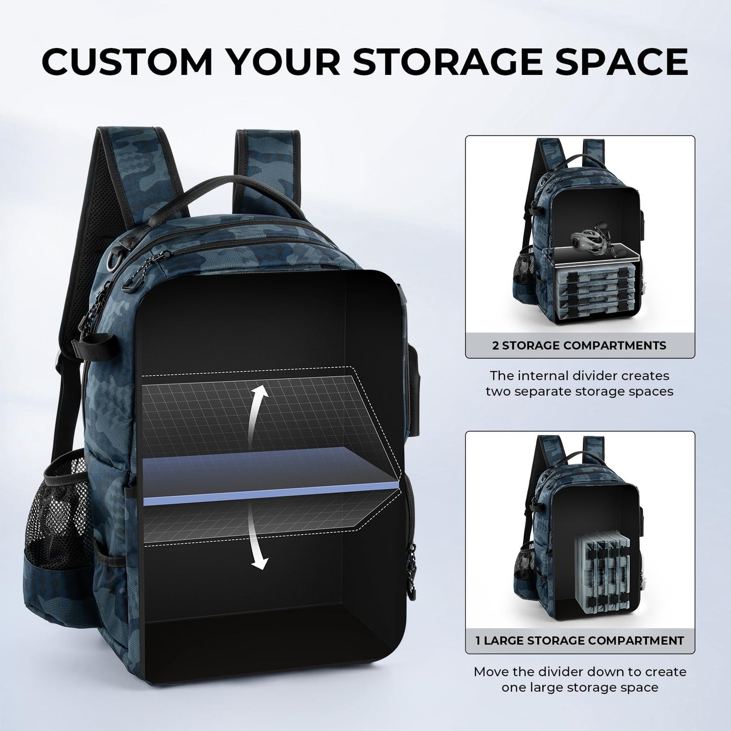 KastKing BaitSpace 50L Fishing Tackle Backpack with Removable Bait Binder & 4 Tackle Boxes, Rod Holders Storage Fishing Gear
