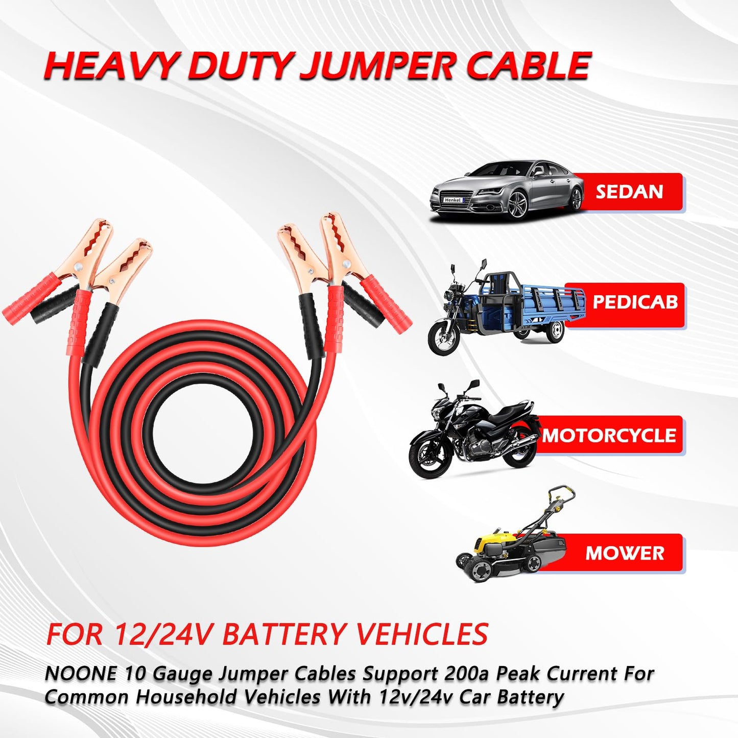 NOONE Jumper Cables for Car Battery, Heavy Duty Automotive Booster Cables for Jump Starting Dead or Weak Batteries (10-Feet (10-Gauge)