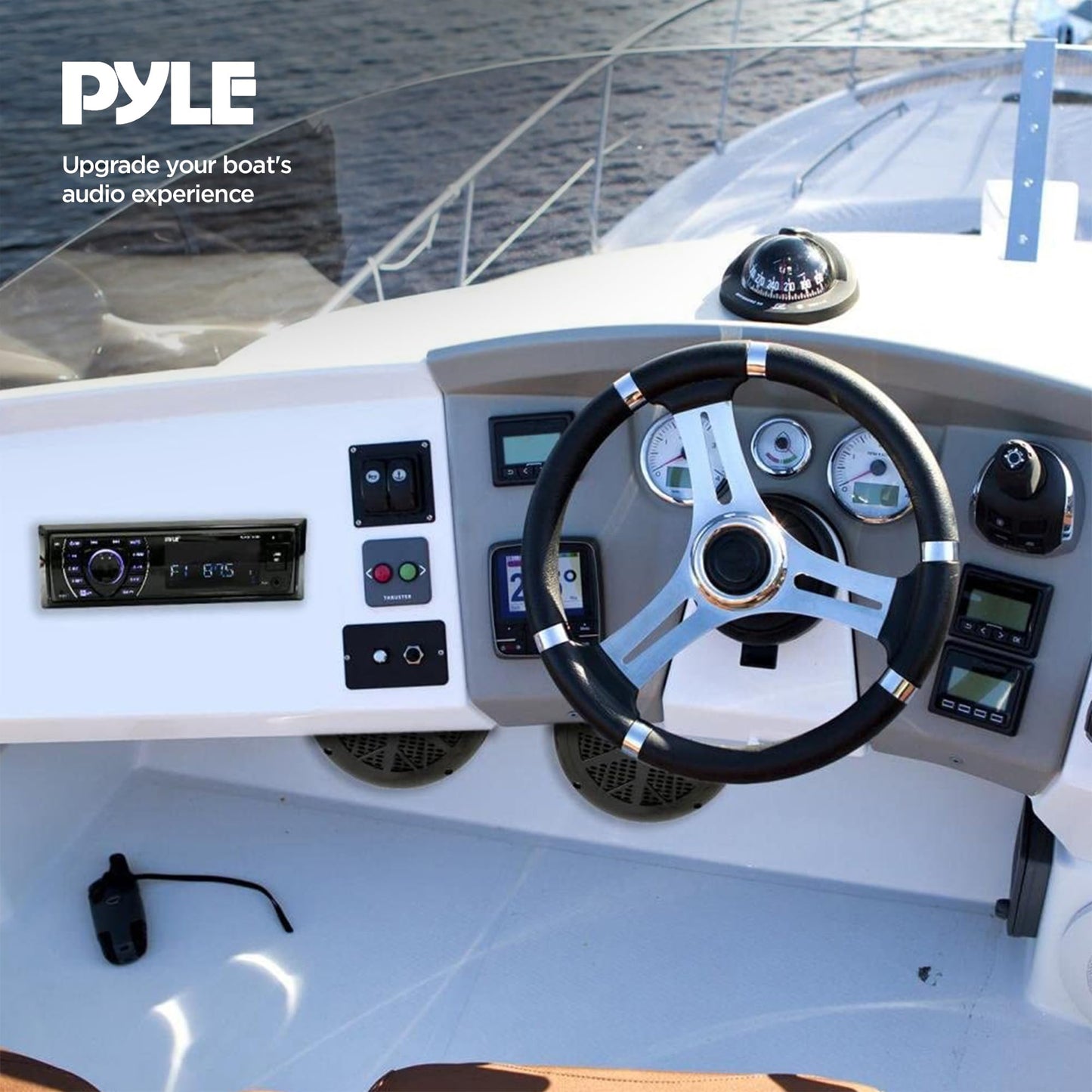 Pyle Marine Receiver & Speaker Kit - In-Dash LCD Digital Stereo Built-in Bluetooth & Microphone w/ AM FM Radio System 5.25’’ Waterproof Speakers (2) MP3/USB/SD Readers & Remote Control - PLMRKT36WT