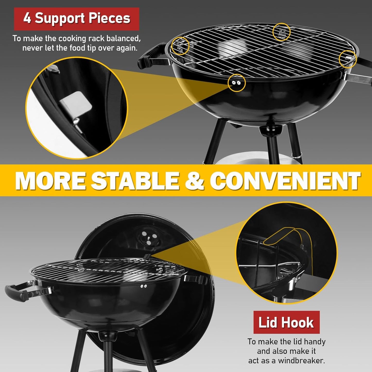 Joyfair Kettle Charcoal Grill (18 Inch), Outdoor Barbecue Grill for Camping/Backyard/Tabletop Grilling, Portable Round Smoker with Wheels, Enameled Lid & Fire Bowl, Dual Venting System, Black