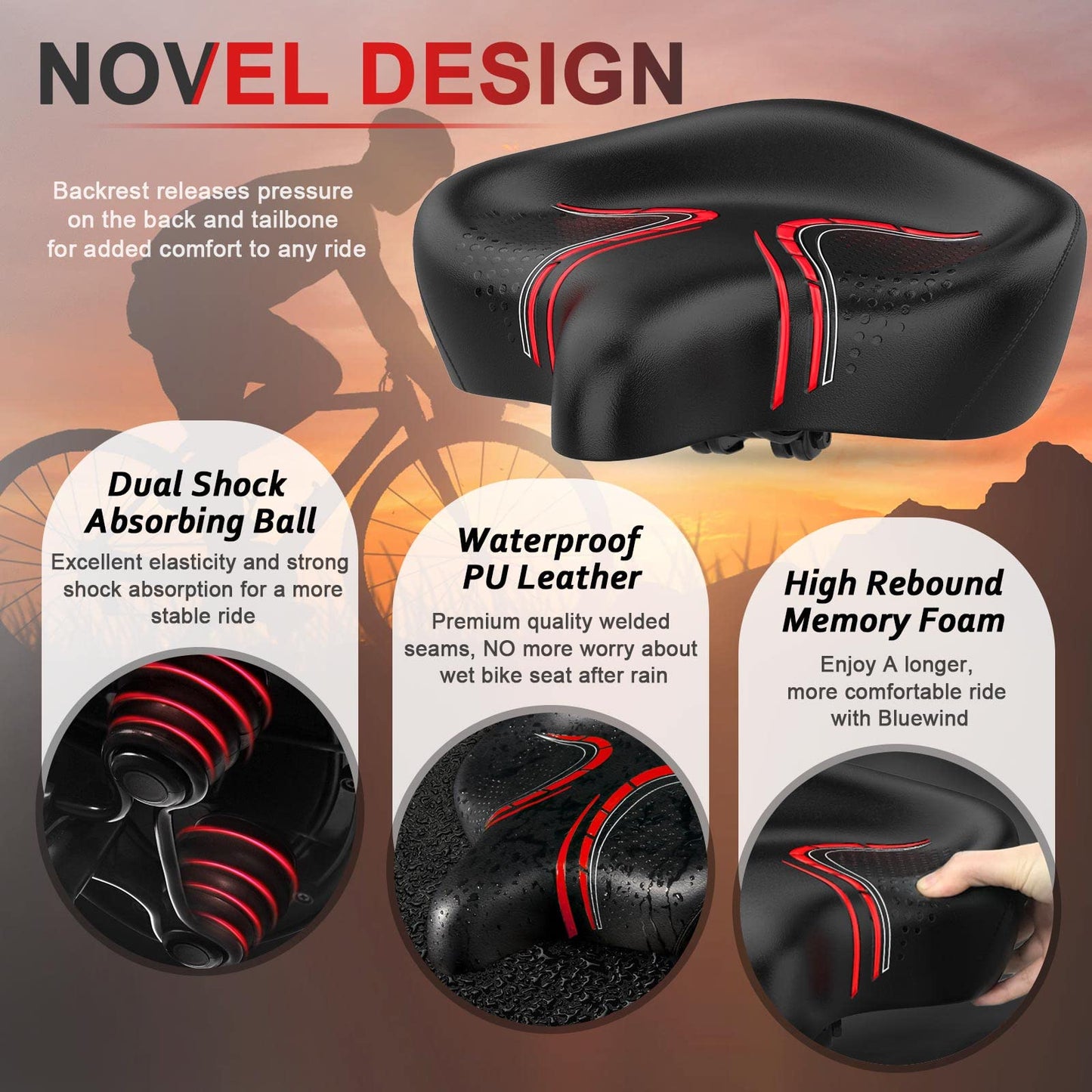 BLUEWIND Oversized Bike Seat, Wide Bicycle Saddle Novel Backrest Design for Electric Bike, Universal Fit Exercise Bike or Road Stationary Bike Seat Cushion for Men & Women
