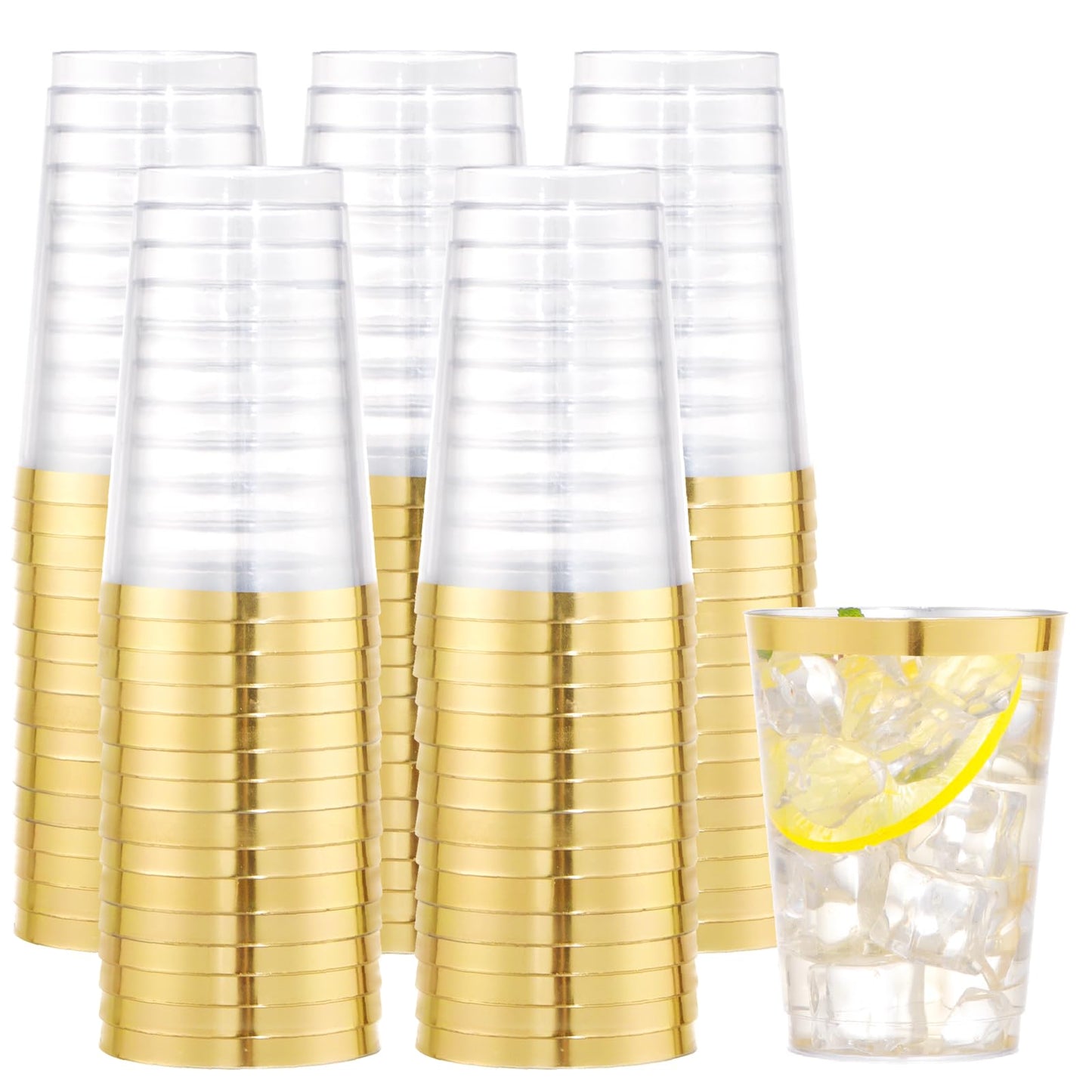 I00000 200 Pack Gold Plastic Cups, 9 Oz Elegant Clear Plastic Cups Gold Rimmed Disposable Wine Glasses Fancy Disposable Party Cups Wedding Cups Drinking Tumblers Plastic Cocktail Glasses with Gold Rim