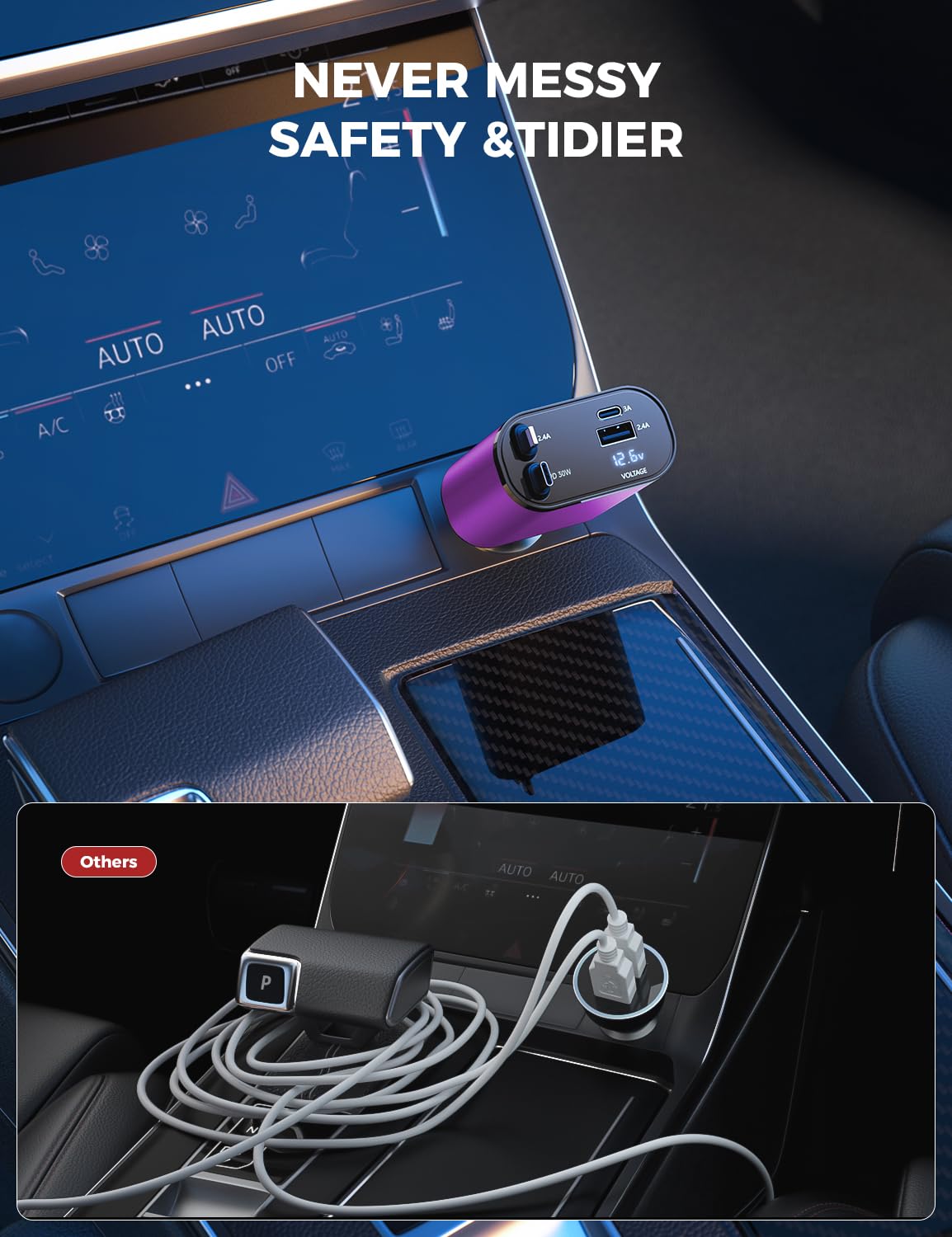 【Upgraded】 SUPERONE Retractable Car Charger 4 in 1, Fast Car Phone Charger with Cord 2.6ft, USB C and Apple Car Adapter, Compatible with iPhone 16 15/15 Pro Max/14/13/12/11, Galaxy, Pixel