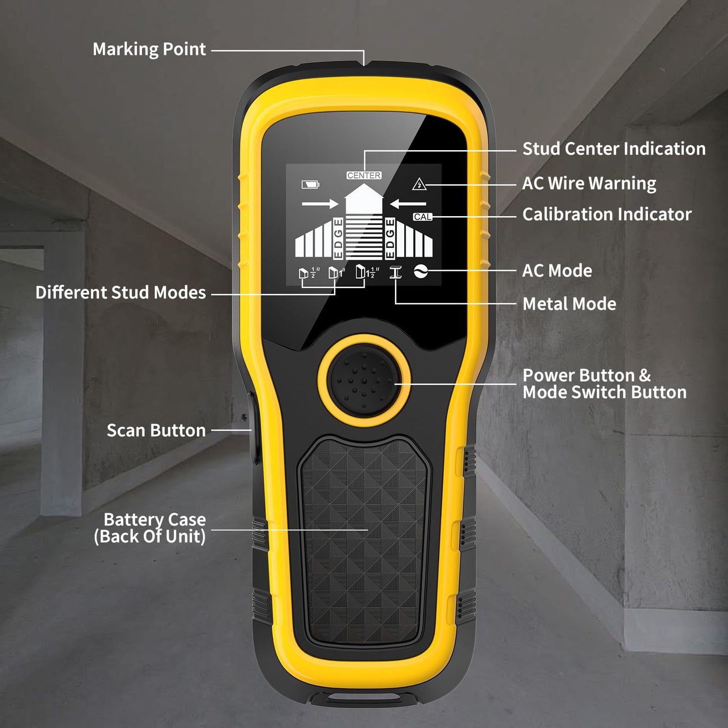 Stud Finder Wall Scanner, Advanced 5-in-1 Detector for Wood, Metal, Joists, Pipes, and AC Wires, New version Intelligent Chip, High-Definition LCD Display Screen & Audible Alarm (Light-Yellow)