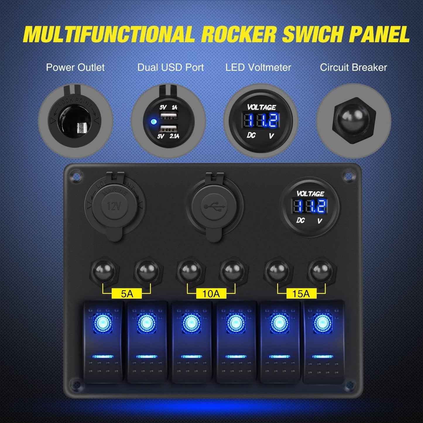 Nilight - 90123F 6 Gang ON Off Rocker Switch Panel Green Backlit 12V24V LED Digital Voltmeter Dual USB Charger Cigarette Lighter Socket Overload Protection Switch Panel For Cars RVs Boats