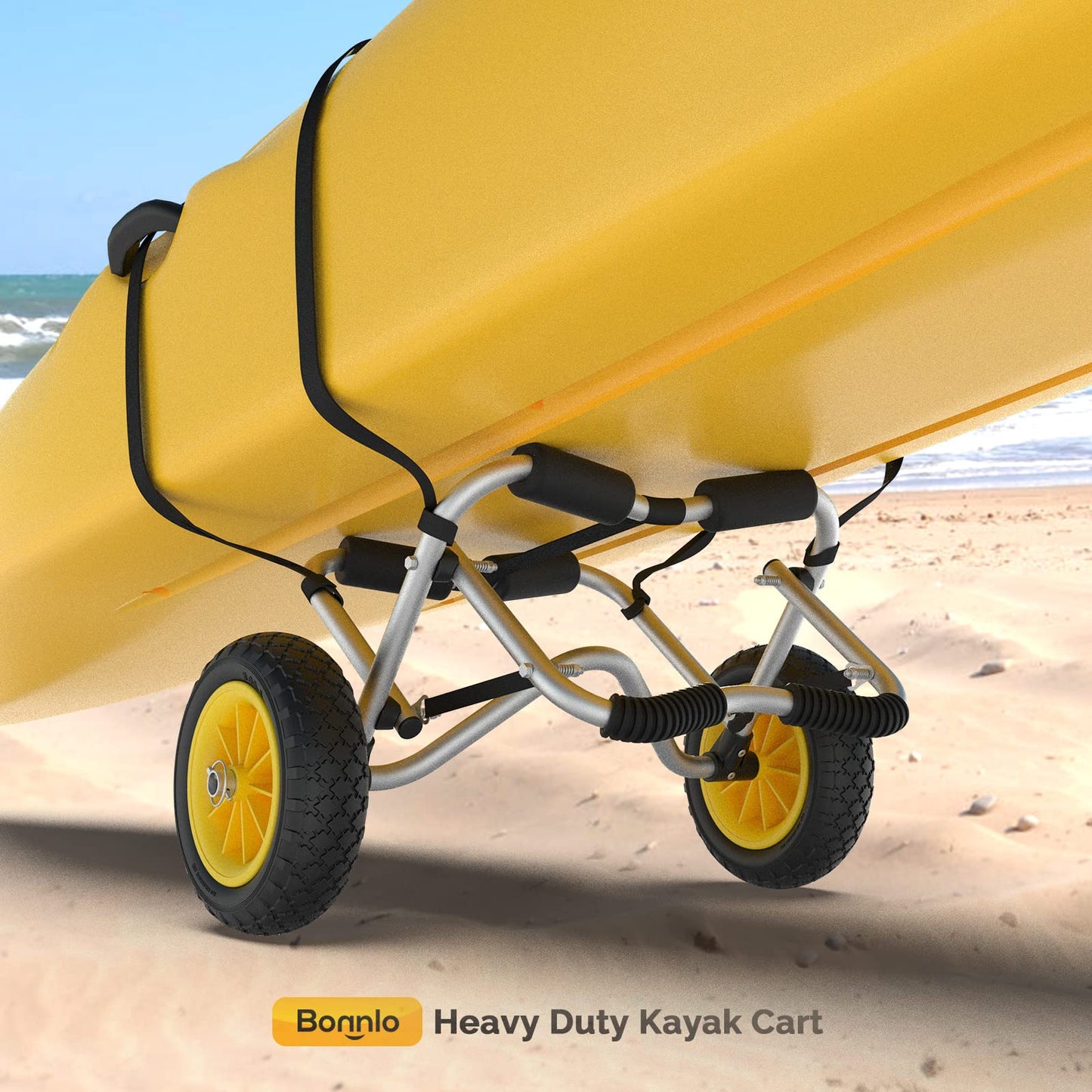 Bonnlo Kayak Cart Canoe Dolly Fishing Kayak Accessories Carrier Foldable Paddle Board Trolley Boat Trailer Transport with NO-Flat Airless Tires Wheels and 2 Ratchet Straps