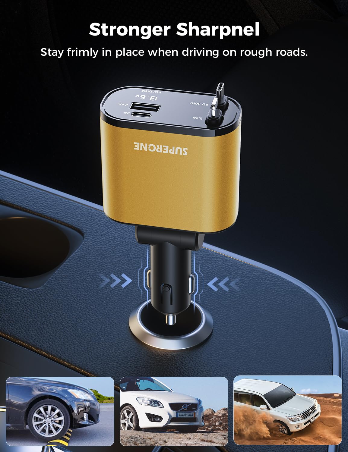 【Upgraded】 SUPERONE Retractable Car Charger 4 in 1, Fast Car Phone Charger with Cord 2.6ft, USB C and Apple Car Adapter, Compatible with iPhone 16 15/15 Pro Max/14/13/12/11, Galaxy, Pixel