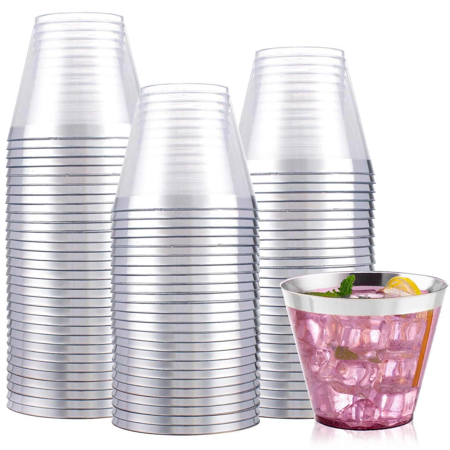 I00000 200 Pack Gold Plastic Cups, 9 Oz Elegant Clear Plastic Cups Gold Rimmed Disposable Wine Glasses Fancy Disposable Party Cups Wedding Cups Drinking Tumblers Plastic Cocktail Glasses with Gold Rim
