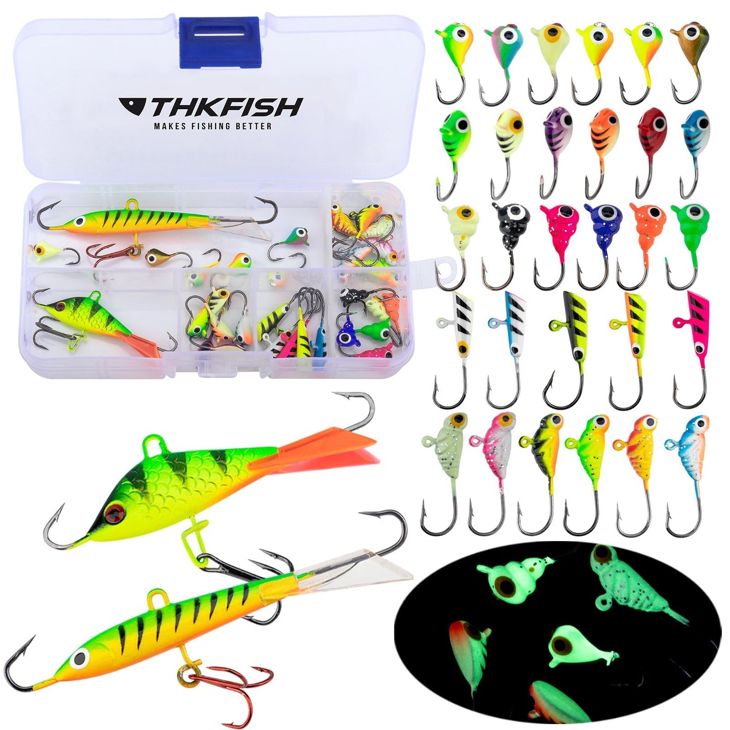 THKFISH Ice Fishing Jigs Kit Ice Fishing Lures for Walleye Perch Jigs Heads for Ice Fishing Tackle Panfish Crappie Jigs 50PCS/31PCS
