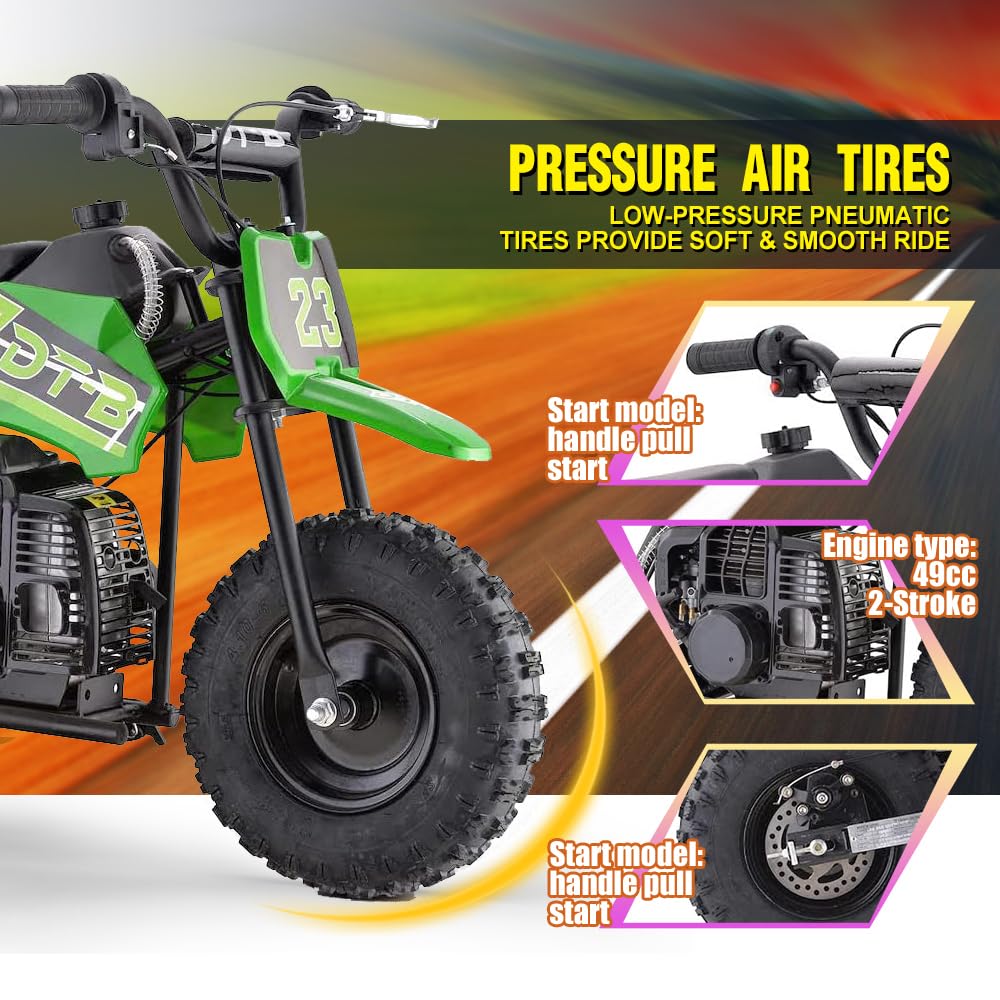 Mini Kid Dirt Bike, 49 CC 2-Stroke Gas Bike with Off-Rode Tire, Suspensions, Disc Brakes, Max Load 160Lbs, Up to 20Mph, EPA Approved
