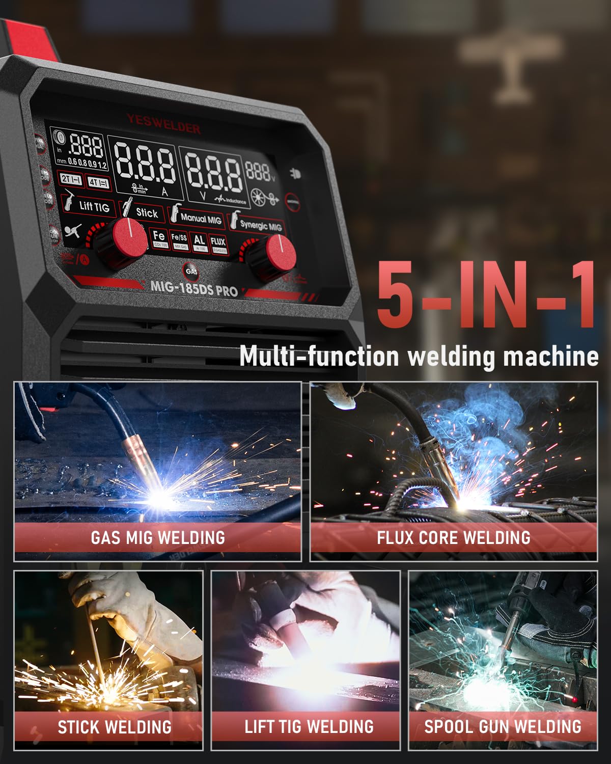 YESWELDER MIG-205DS PRO MIG Welder, 200Amp 110/220V Dual Voltage MIG Welding Machine, 5 in 1 Gas MIG/Flux Core MIG/Spool Gun MIG/Lift TIG/Stick Multiprocess Aluminum MIG Welder, Spool Gun Compatible