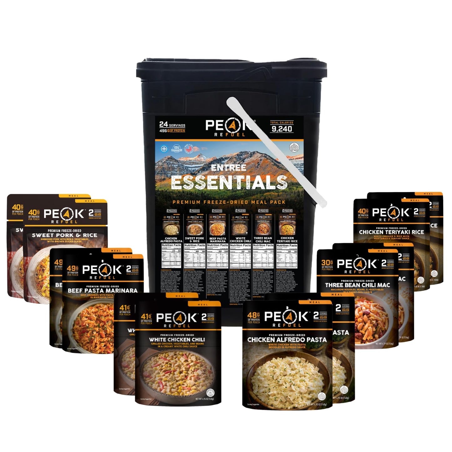 Peak Refuel Buckets | 100% Real Meat | Premium Freeze-Dried Meals for Backpacking, Camping & Survival | 24 Servings | MRE Emergency Food (Essentails Bucket)