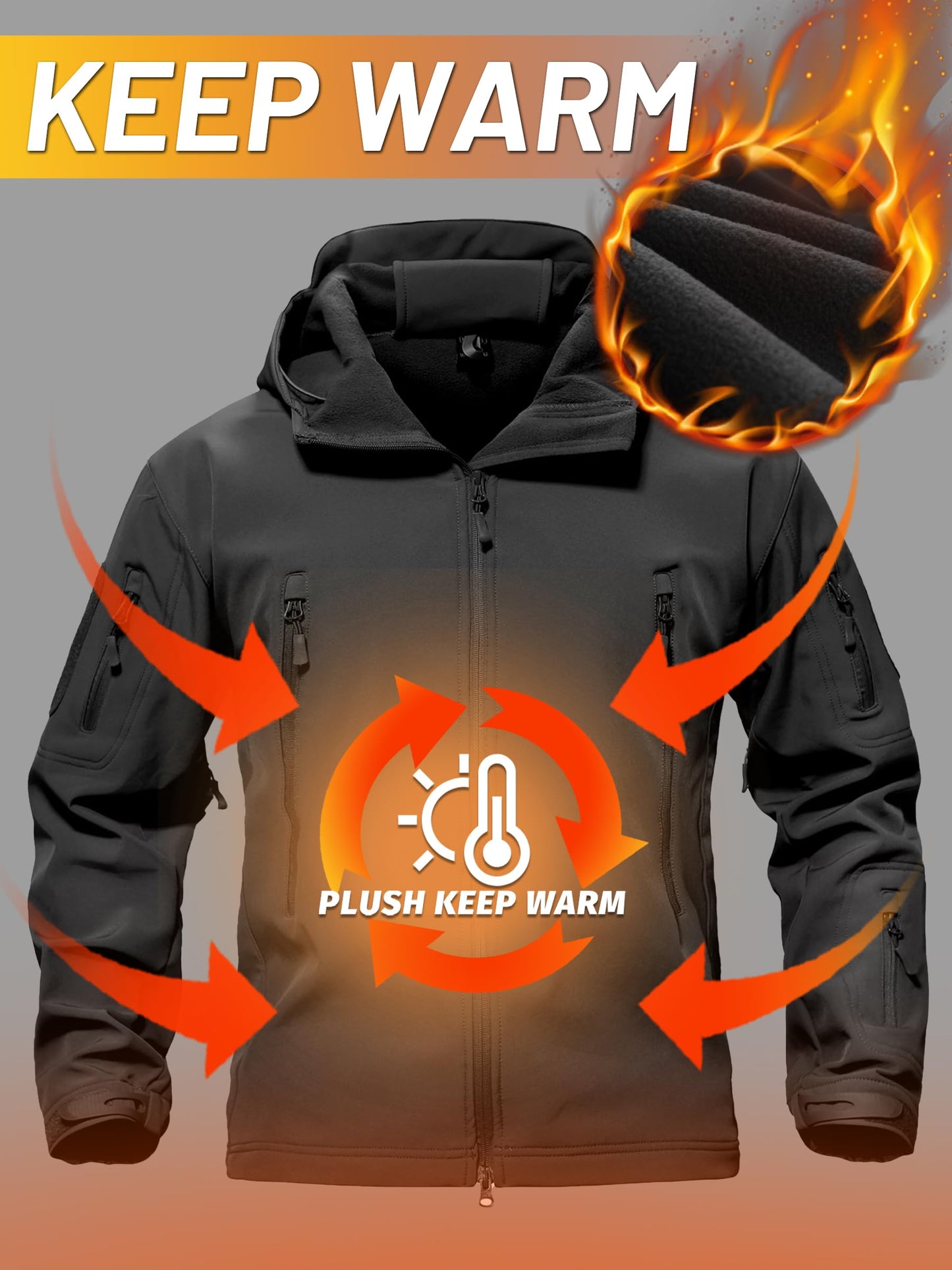 TACVASEN Men's Special Ops Military Tactical Rain Jackets Winter Warm Fleece Softshell Hooded Raincoat Snowboard