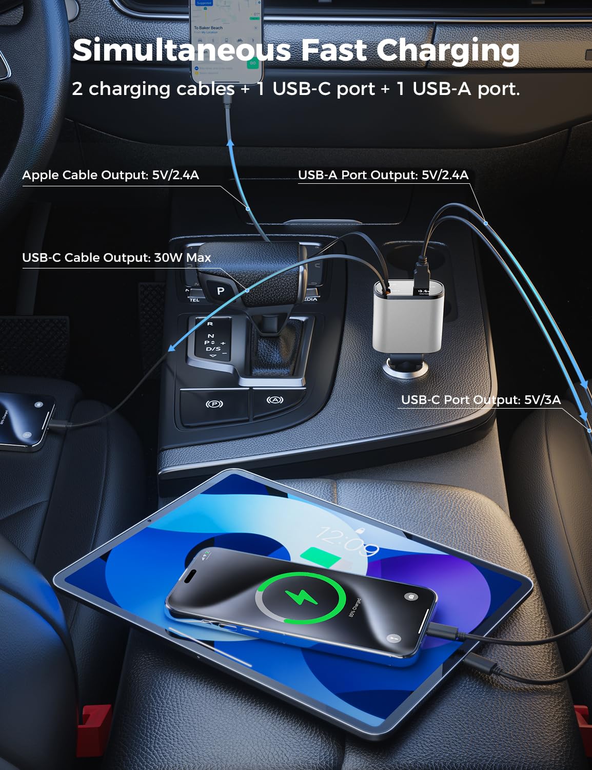 【Upgraded】 SUPERONE Retractable Car Charger 4 in 1, Fast Car Phone Charger with Cord 2.6ft, USB C and Apple Car Adapter, Compatible with iPhone 16 15/15 Pro Max/14/13/12/11, Galaxy, Pixel