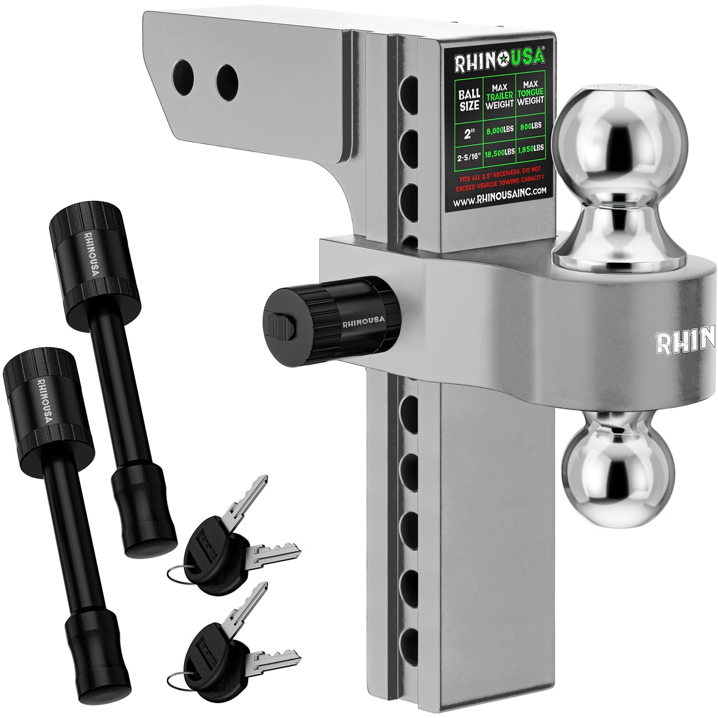 Rhino USA Adjustable Trailer Hitch (Fits 2-Inch Receiver) - Heavy Duty Aluminum Tow Hitches with 6-Inch Drop/Rise for Truck (12,500 LBS GTW) - Weatherproof Double Anti-Theft Locking Hitch Pins (Black)