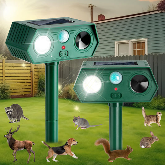 2 Pack 2025 Solar Ultrasonic in Repellent Defender Rat, Squirrel, Deer, Raccoon, Skunk, Rabbit, Mole, Dog, Cat, Waterproof with Motion Detector