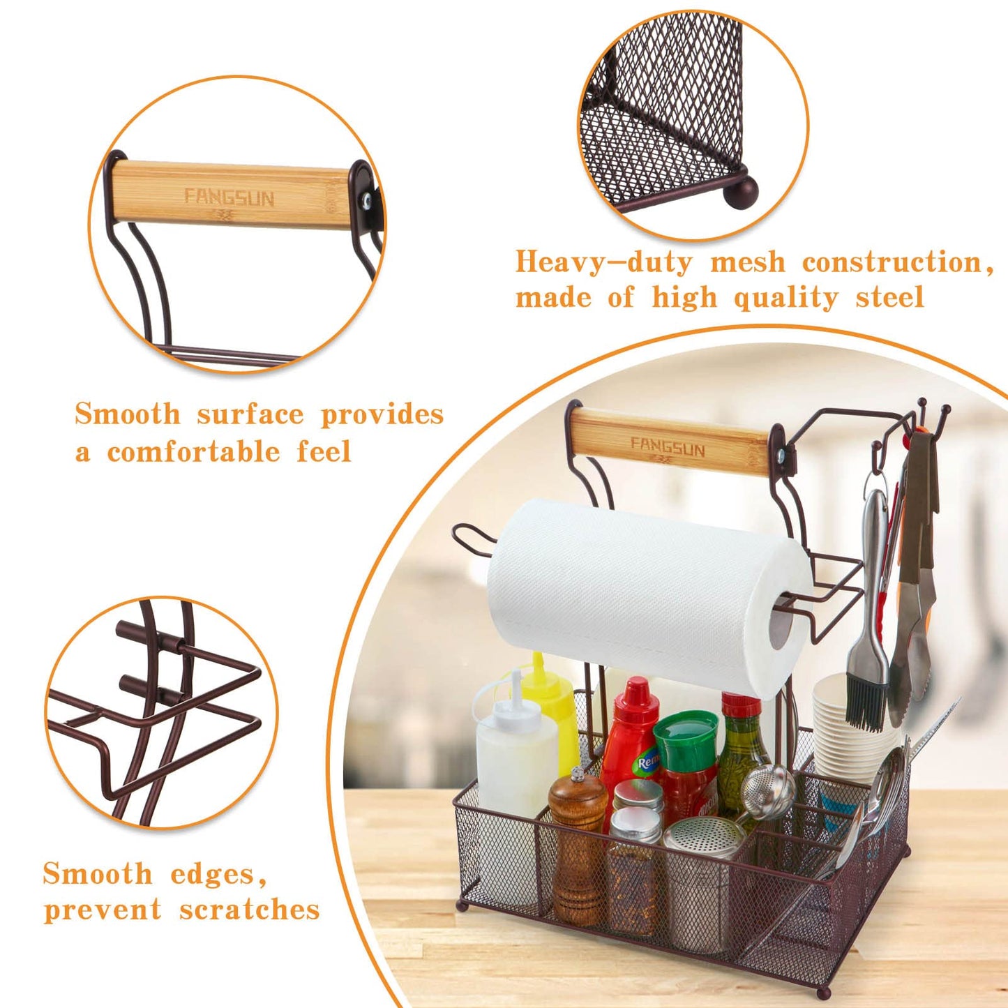 FANGSUN Grill Caddy, BBQ Caddy with Paper Towel Holder, Picnic Condiment Utensil Caddy for Outdoor Camping, Barbecue Accessories Storage Organizer for Griddle Grilling Tool, Rv Patio Camper Must