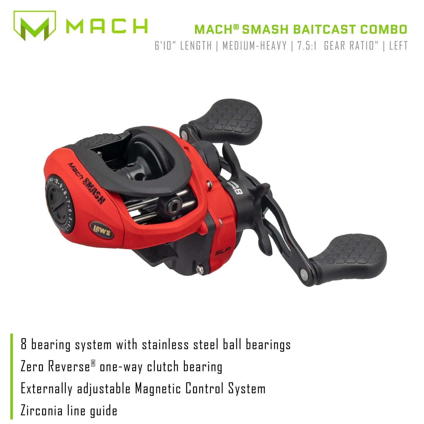 Lew's MACH Smash Baitcast Reel and Fishing Rod Combo, IM6 Graphite Blank Fishing Rod, Split Grip Winn Dri-Tac Handle, Fluorescent Red