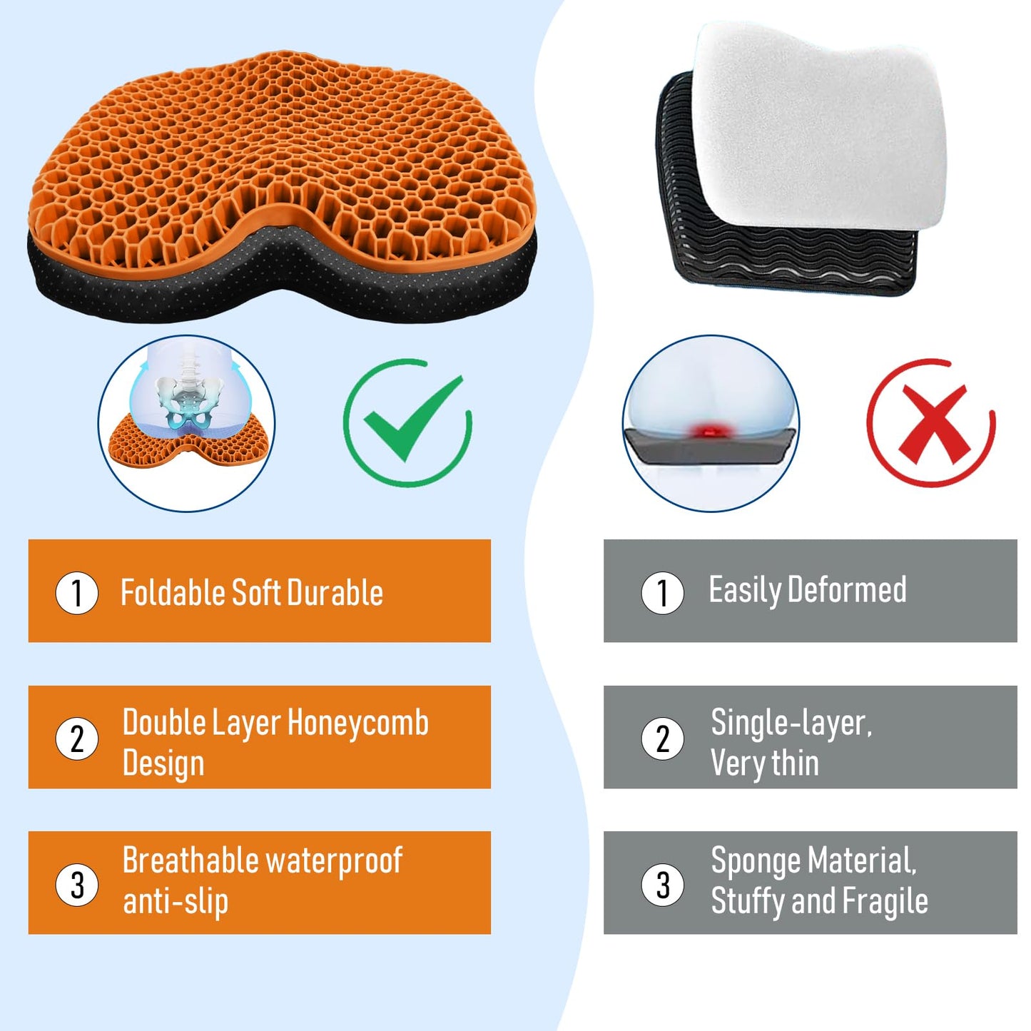 Kayak Seat Cushion, Thicken Anti Slip Waterproof Gel Kayak Seat, Portable Canoe Rowing Rubber Dinghy Pad for Stadium Sit in Kayak Inflatable Fishing Kayak Canoe Kayak Accessories
