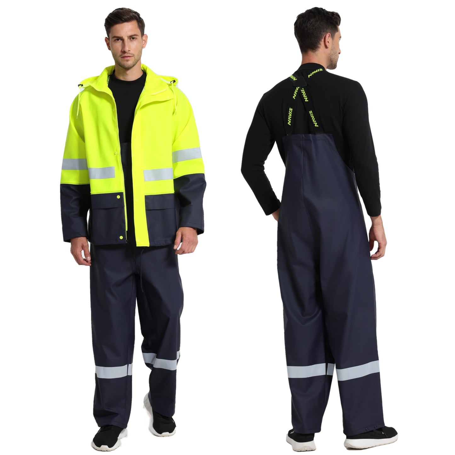 Men's Workwear PRO Rain Suit - Waterproof Jacket and Bib Pants 3-piece Set for Ultimate Safety and Comfort