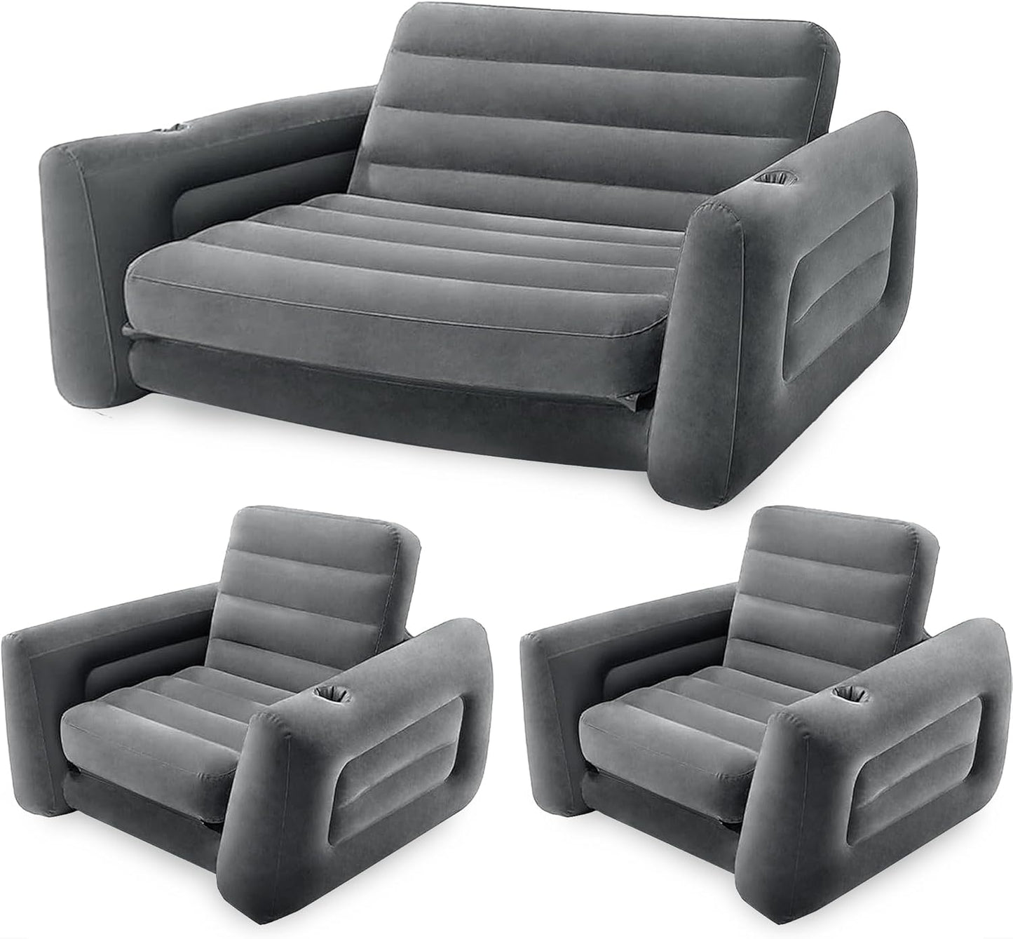 Intex Inflatable Furniture Set with Queen Sized Pull-Out Sofa Bed and 2 Sofa Sleepers, Gray - Air Mattress, Portable Couch, Lounge Chairs, Guest Beds
