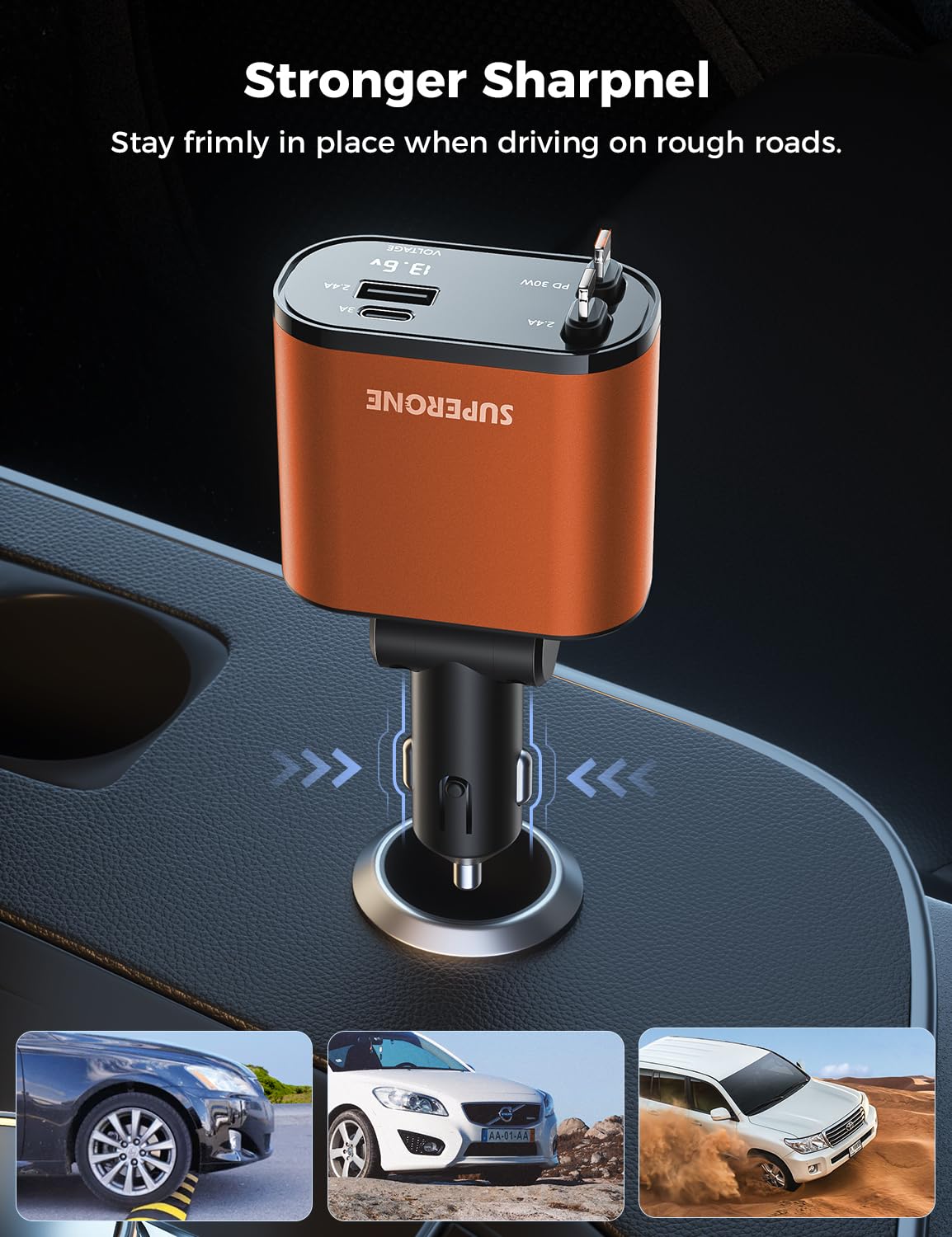 【Upgraded】 SUPERONE Retractable Car Charger 4 in 1, Fast Car Phone Charger with Cord 2.6ft, USB C and Apple Car Adapter, Compatible with iPhone 16 15/15 Pro Max/14/13/12/11, Galaxy, Pixel