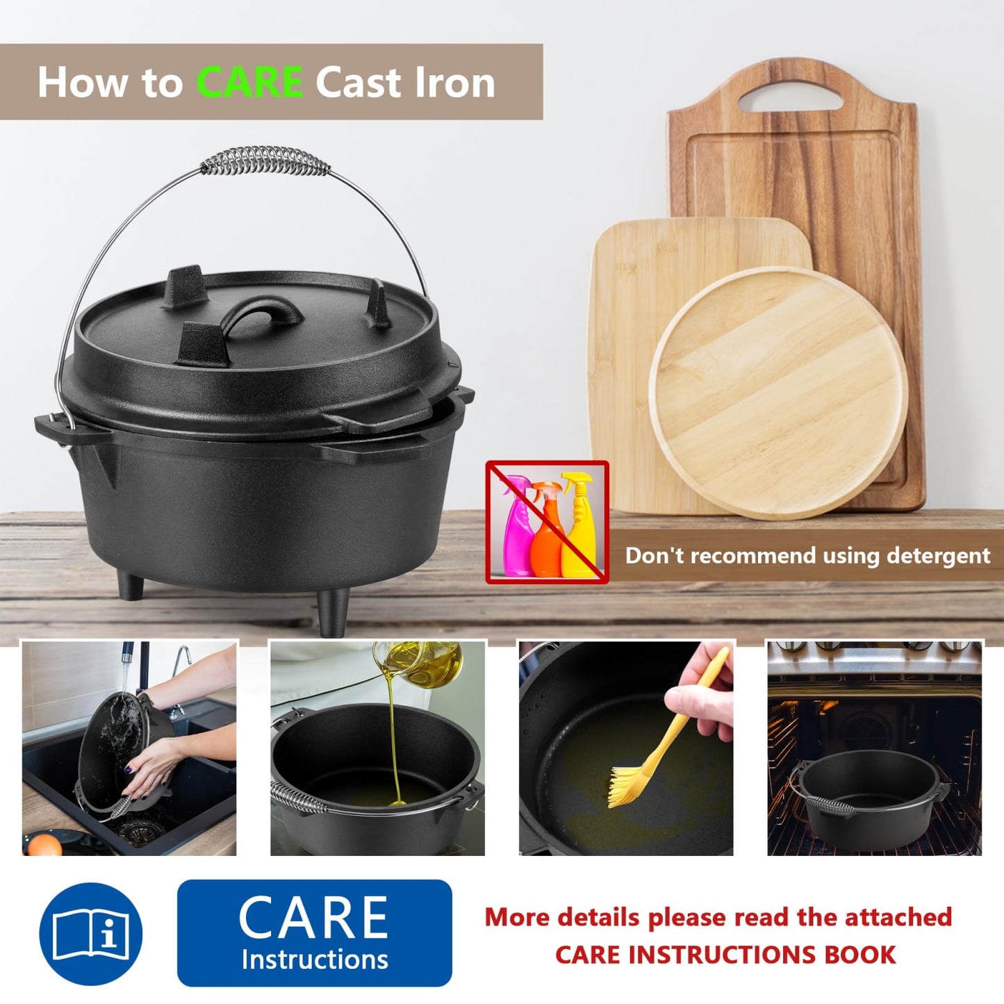 HaSteeL 7 QT Cast Iron Dutch Oven, Large 2 in 1 Camp Pre-Seasoned Deep Pot & Lid Skillet Pan, Heavy Thick 7 Quart Multiple Cookware with Feet for Outdoor Camping Baking, Bracket and Lid Lifter