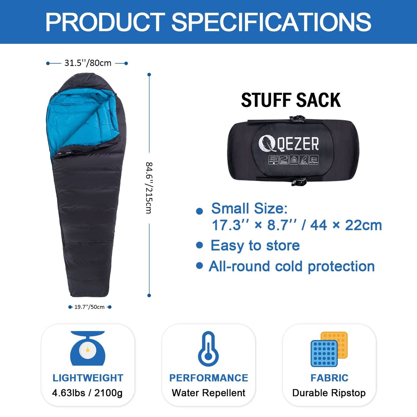 Down Sleeping Bag for Adults 0°F 10°F 15°F 20°F Backpacking Sleeping Bag for Cold Weather with Compression Sack