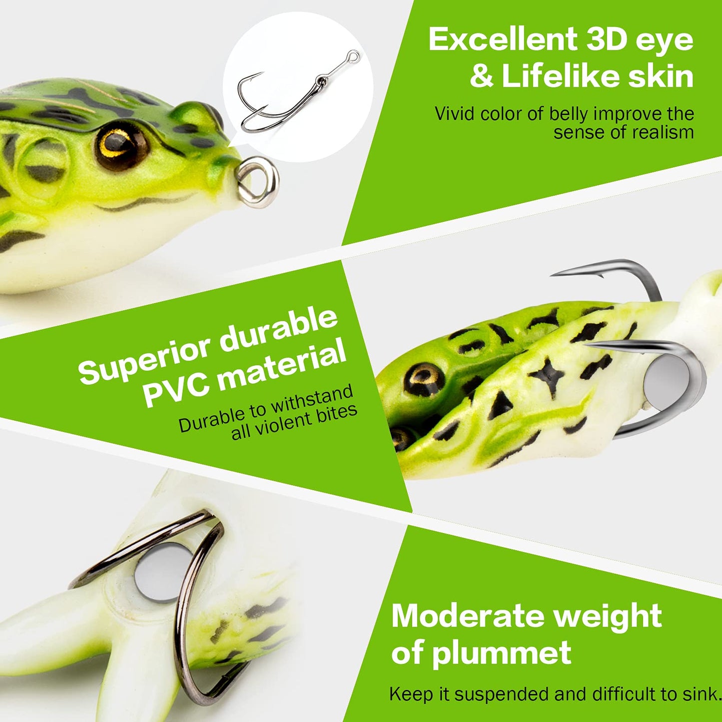 Topwater Frog Lure Bass Trout Fishing Lures Kit Set Realistic Prop Frog Soft Swimbait Floating Bait with Weedless Hooks for Freshwater Saltwater