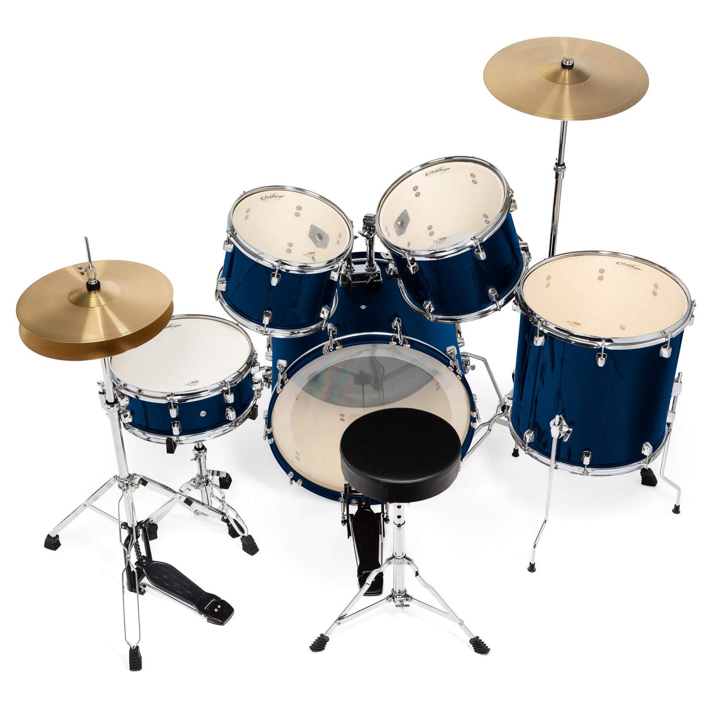 Ashthorpe 5-Piece Full Size Adult Drum Set with Remo Heads & Premium Brass Cymbals - Complete Professional Percussion Kit with Chrome Hardware - Blue