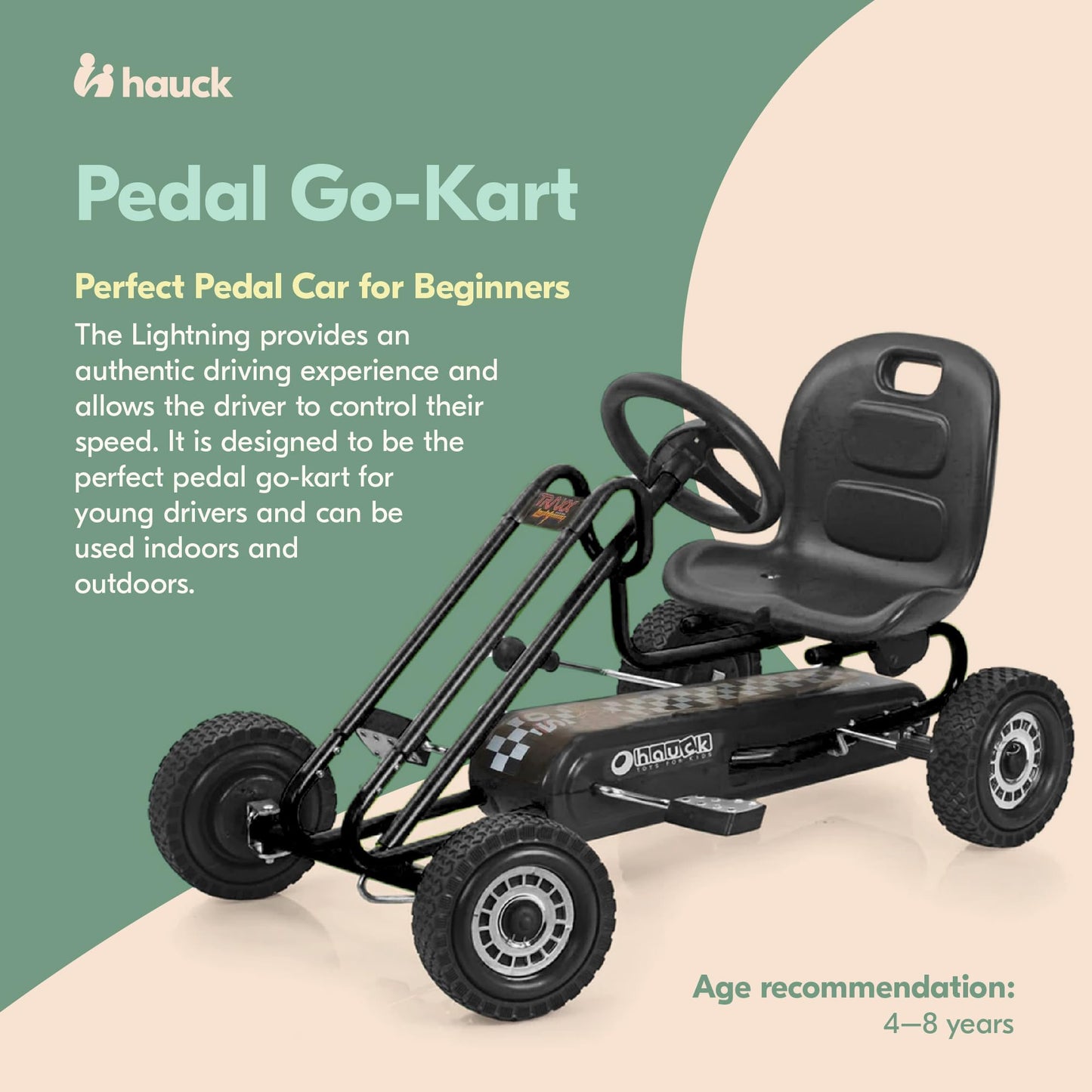hauck Kids Pedal Go Kart, 4 Wheel Bike Cart, Ages 4-8, Lightning Ride, Race Green