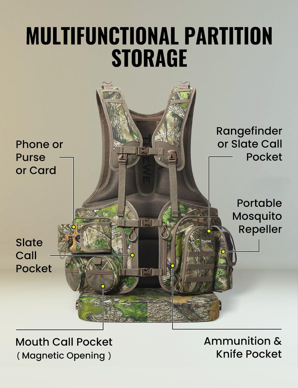 TIDEWE Turkey Vest with Seat, Hunting Vest with Game Pouch and Kickstand, Strut Camo Turkey Hunting Clothes for Men Women