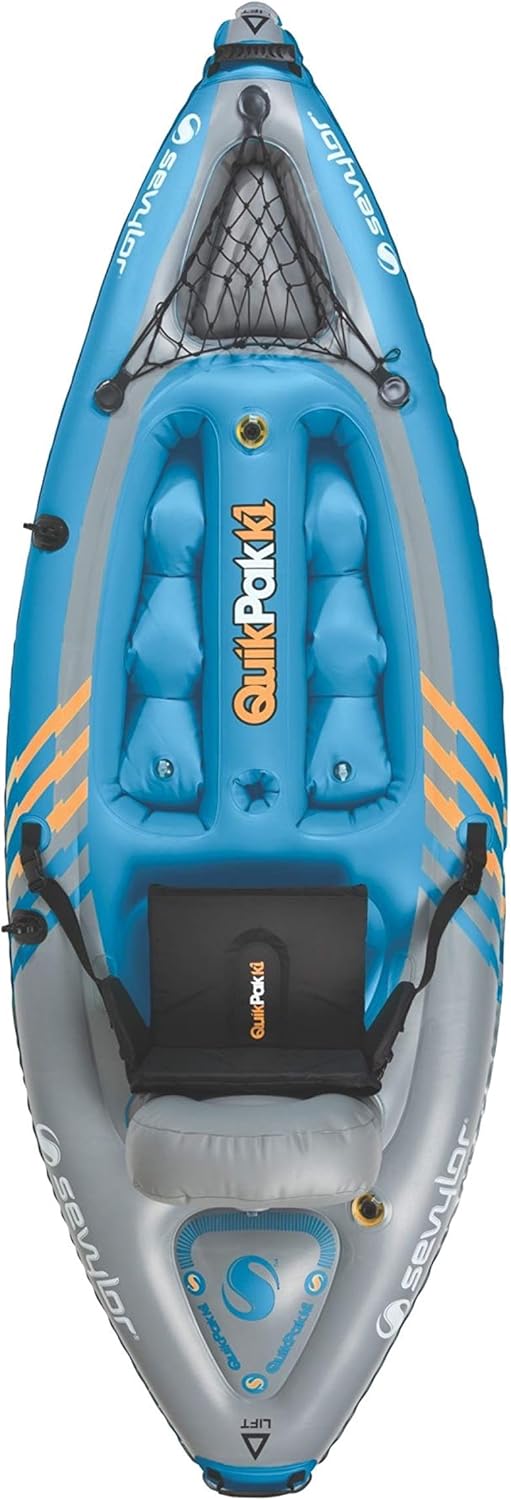 Sevylor QuickPak K1 1-Person Inflatable Kayak, Kayak Folds into Backpack with 5-Minute Setup, 21-Gauge PVC Construction; Hand Pump & Paddle Included