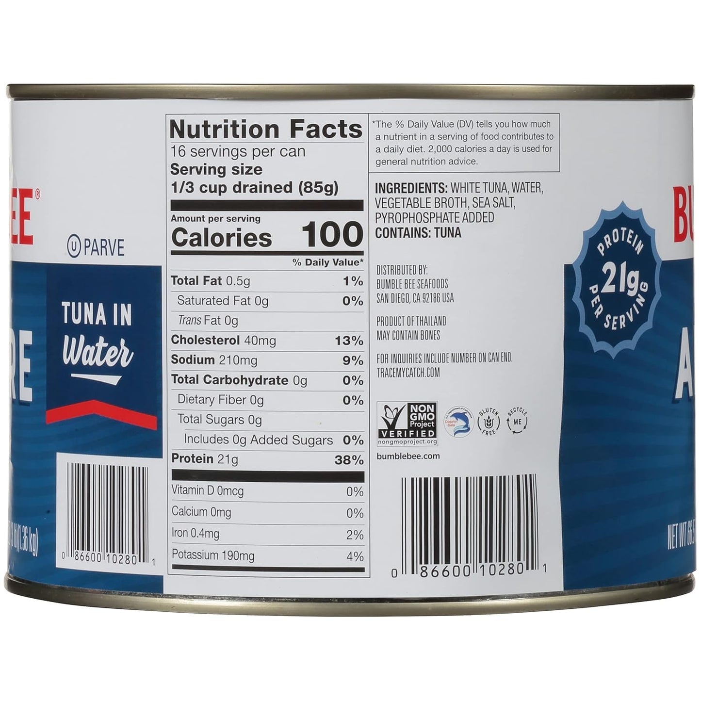 Bumble Bee Solid White Albacore Tuna in Water, 5 oz Can (Pack of 8) - Wild Caught Tuna - 29g Protein per Serving, High in Omega-3s - Non-GMO Project Verified, Gluten Free, Kosher
