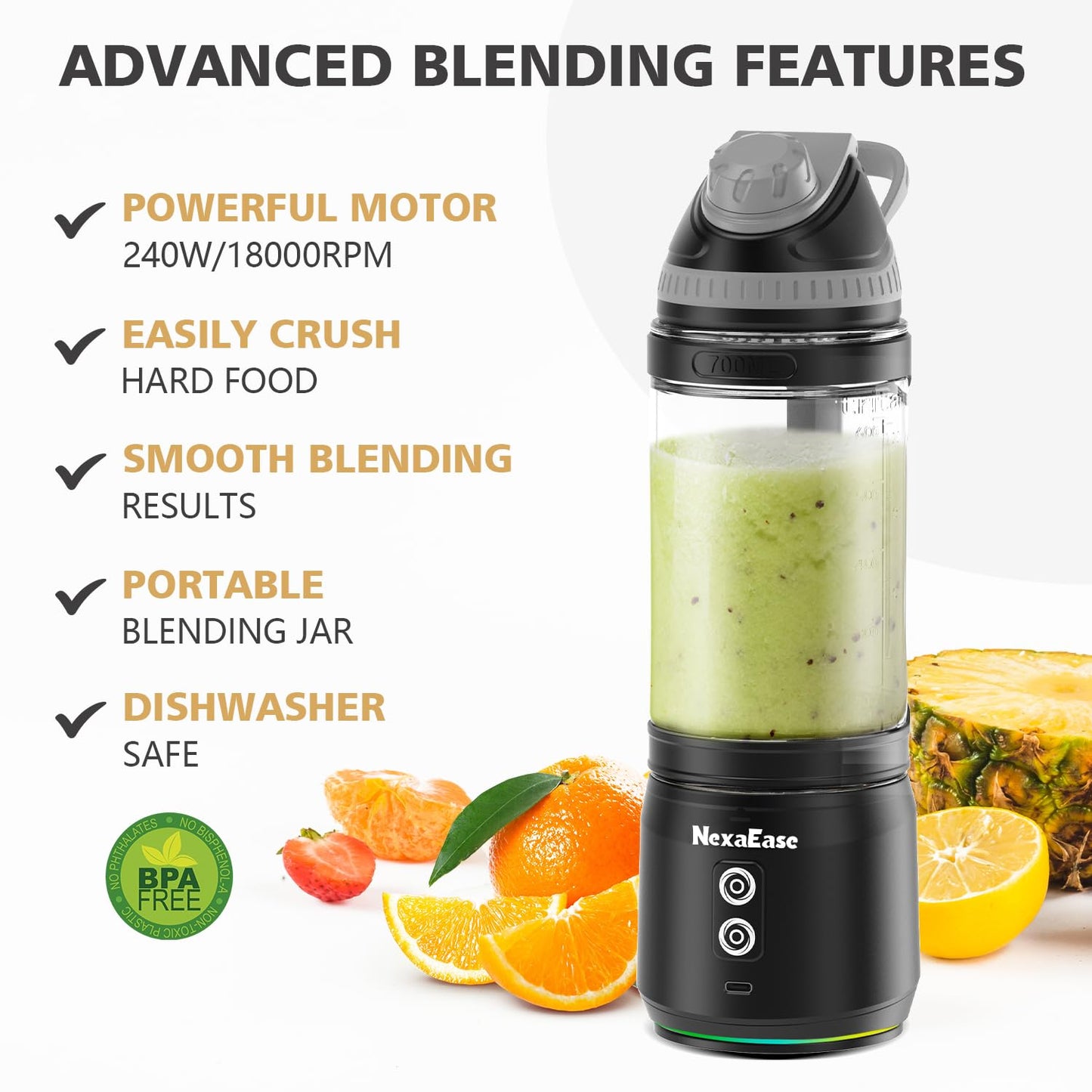 Portable Blender with Insulated Carrying Case & Recipe Book for Shakes and Smoothies, 24 OZ Personal Juicer Electric Protein Shaker Bottle, Mini Small Blender Cup with USB-C Rechargeable, Travel Lid