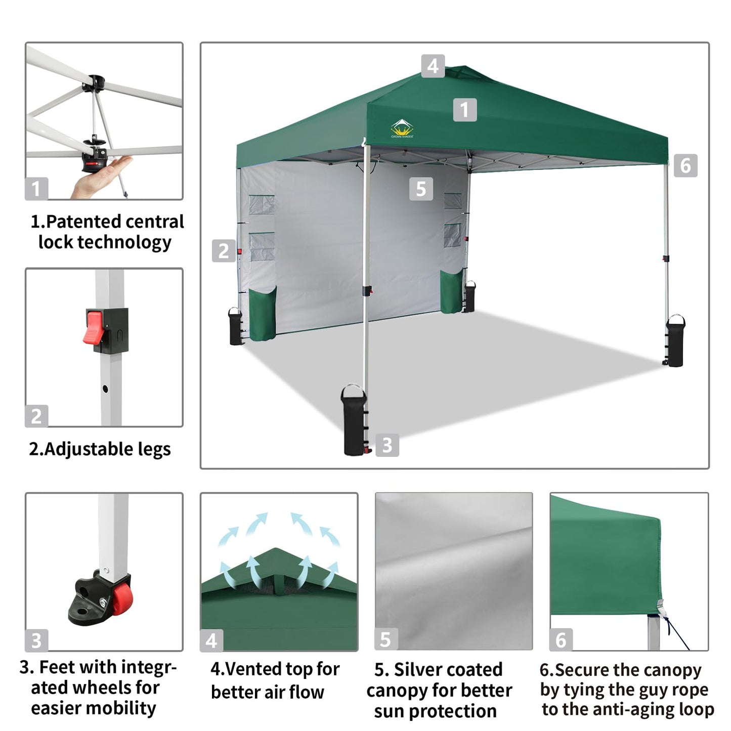CROWN SHADES Canopy Tent 10x10 Pop Up Canopy Outdoor Shade with Pockets Sidewall, Easy Up Sun Shelter with One Person Set Up Center Lock, Portable Instant Camping Beach Canopy Tents, Forest Green