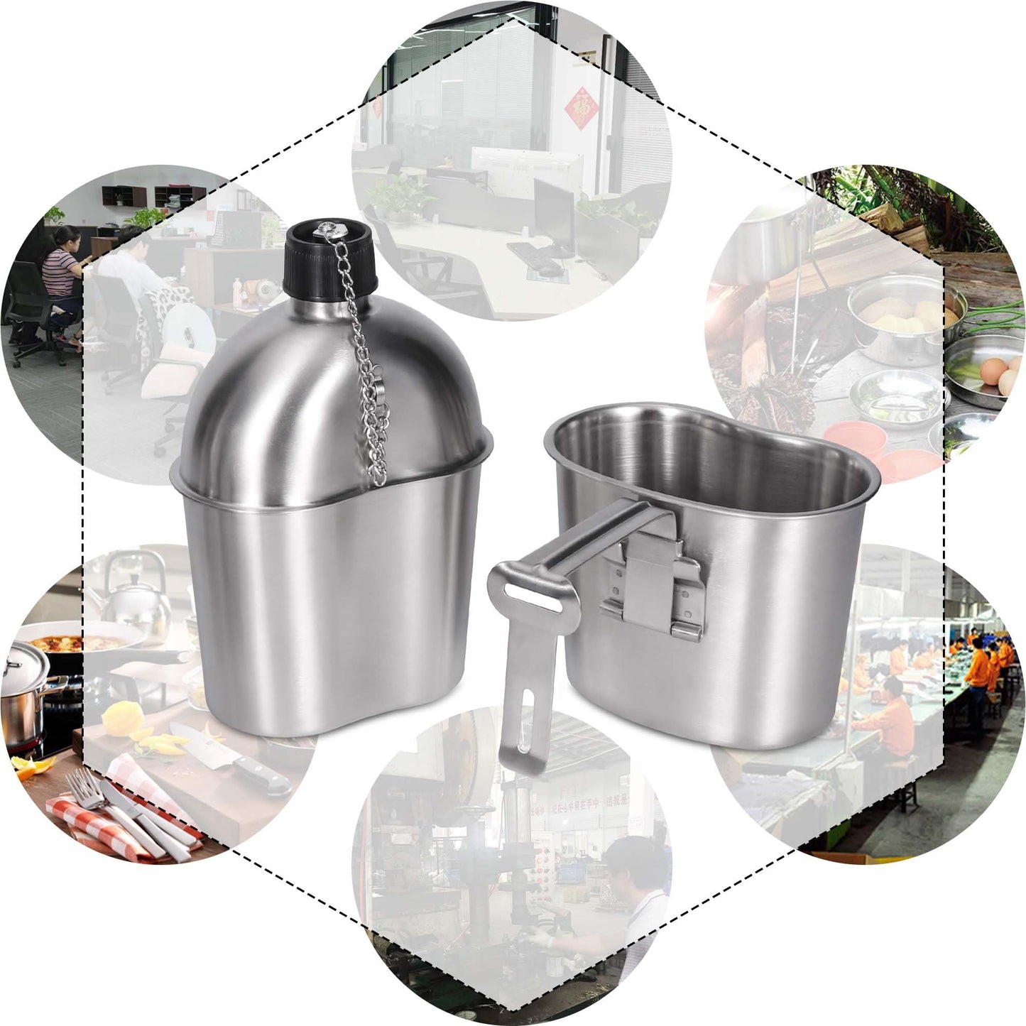 Goetland Stainless Steel WWII US Army Canteen Water Bottle Military Canteen Kit 1QT with 0.5QT Cup Nylon Pouch G.I.