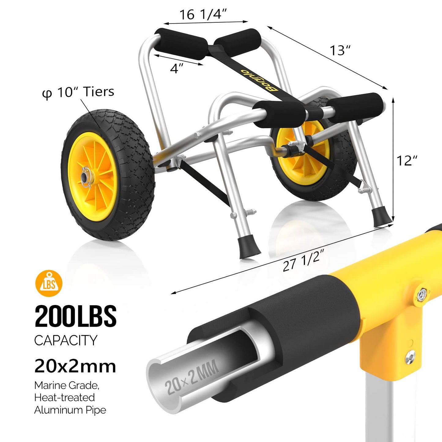 Bonnlo Kayak Cart Canoe Dolly Fishing Kayak Accessories Carrier Foldable Paddle Board Trolley Boat Trailer Transport with NO-Flat Airless Tires Wheels and 2 Ratchet Straps