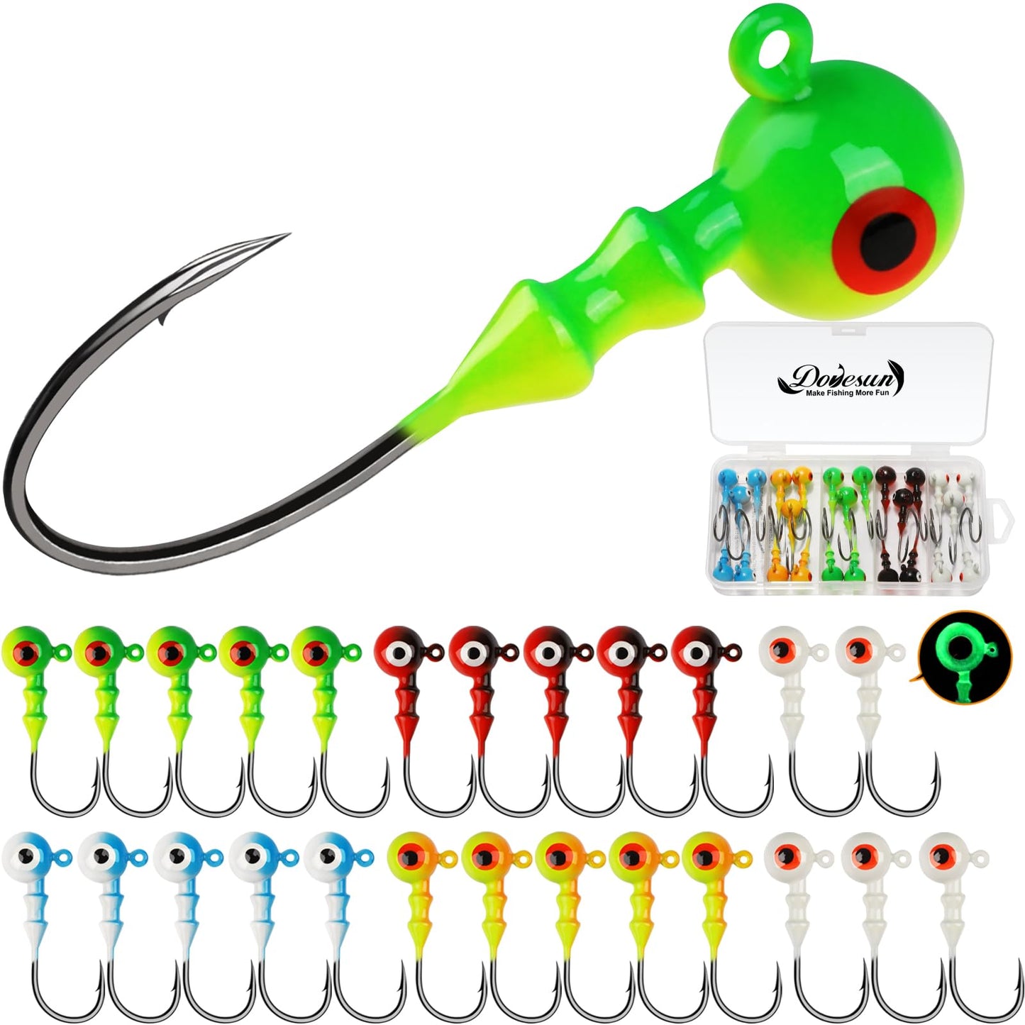 Dovesun Jig Heads for Fishing, Painted Jigheads with 3D Eye Ball Glowing Walleye | Bass | Crappie jigs 1/2oz 3/8oz 1/4oz 1/5oz 1/8oz 1/10oz 1/16oz 1/32oz Fishing Jig Hooks Assortment 15-40pcs