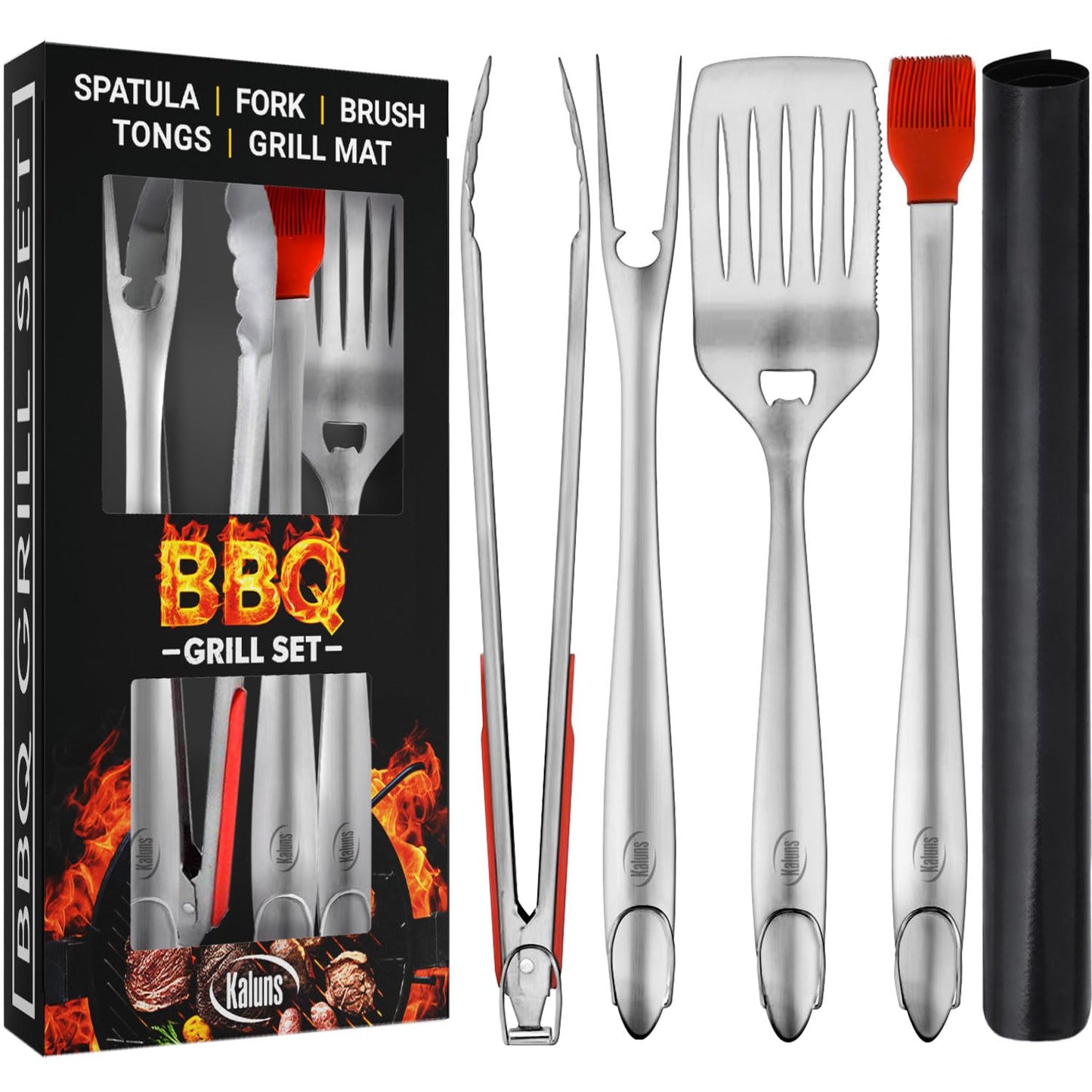 Kaluns Grilling Accessories, Dad Gifts for Fathers Day Grilling Gifts, Heavy Duty Stainless Steel BBQ Grill Tools Set for Outdoor Grill with Aluminum Case and Apron, Dad Birthday Gifts for Men Husband