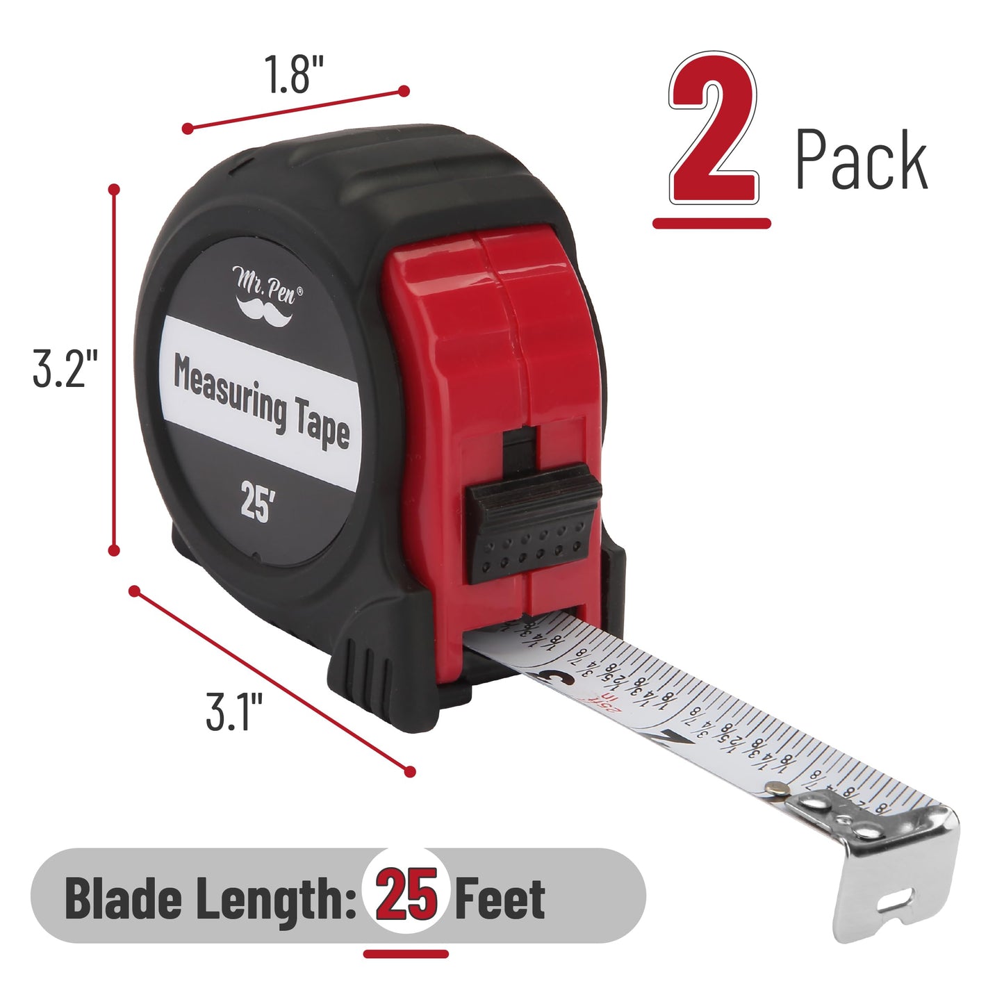 Mr. Pen 25-Foot Steel Retractable Tape Measure with Easy Read Fractions