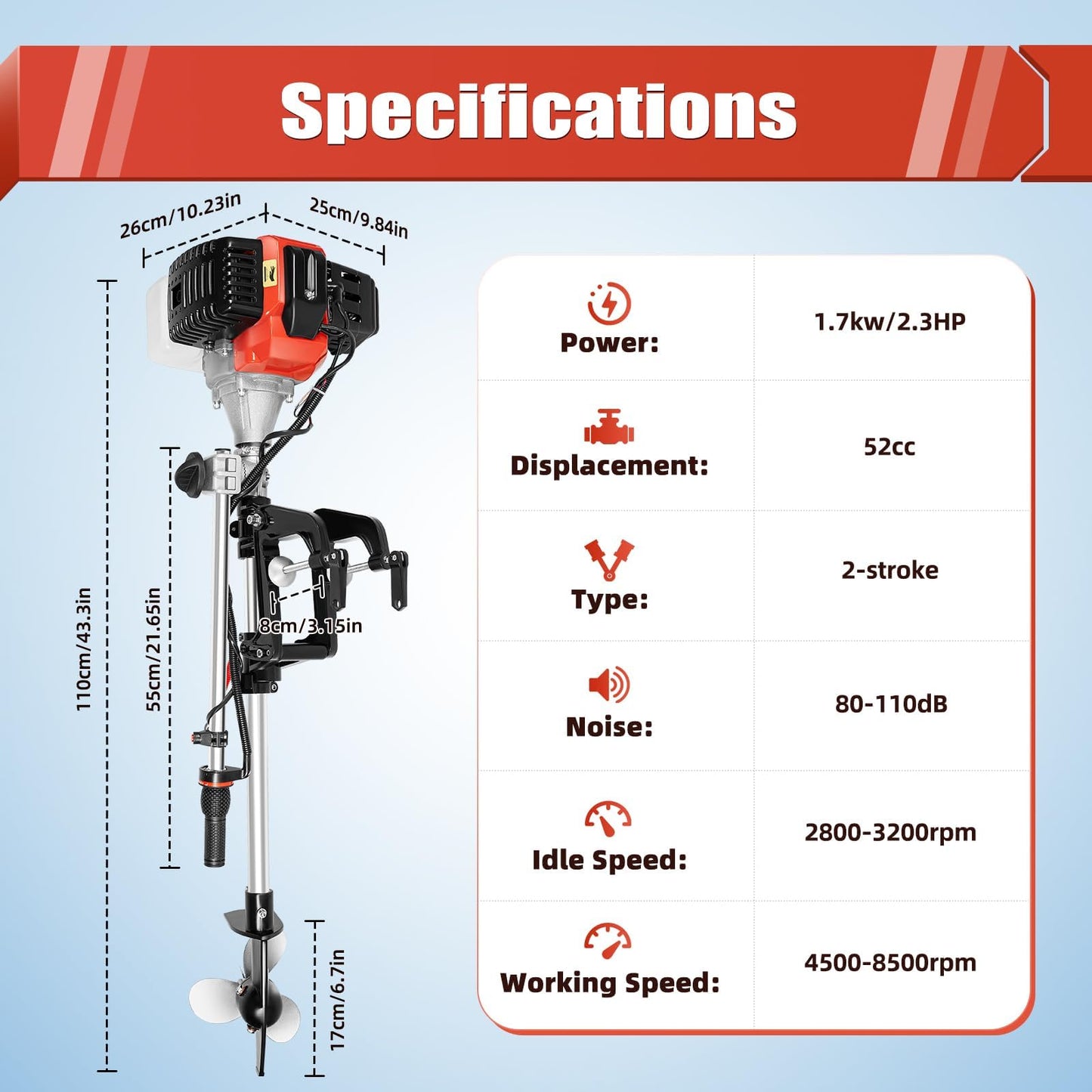 52cc Single Cylinder Gas 2.3HP Outboard Motor, Long Shaft with Air Cooling for Inflatable, Rubber, Fishing Boats, Yachts, Water Sports