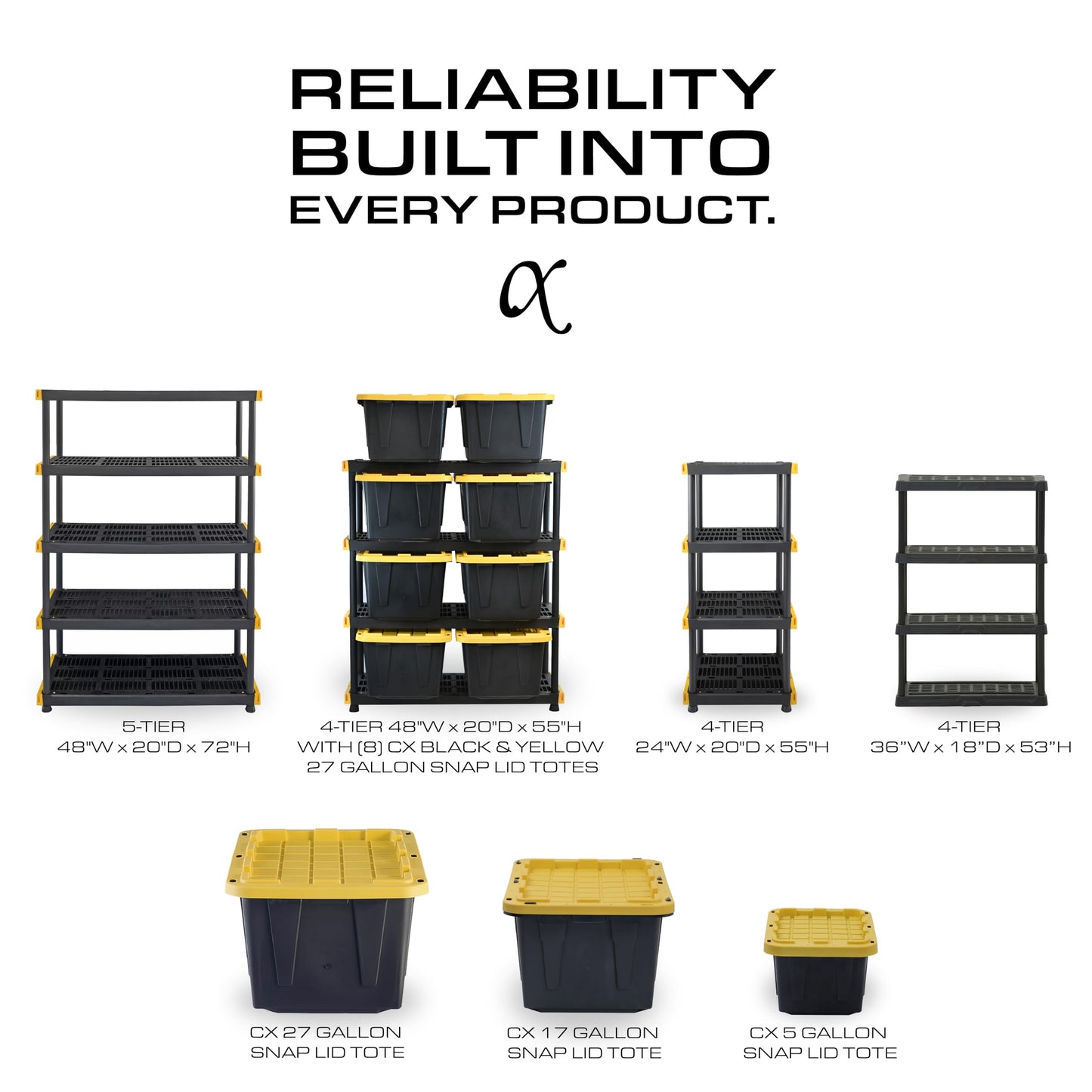 BLACK & YELLOW, 4-Tier Heavy Duty Plastic Storage Shelving Unit, 200lbs/shelf (55"H x 48"W x 20"D), for Indoor/Outdoor Organization, Modular Rack
