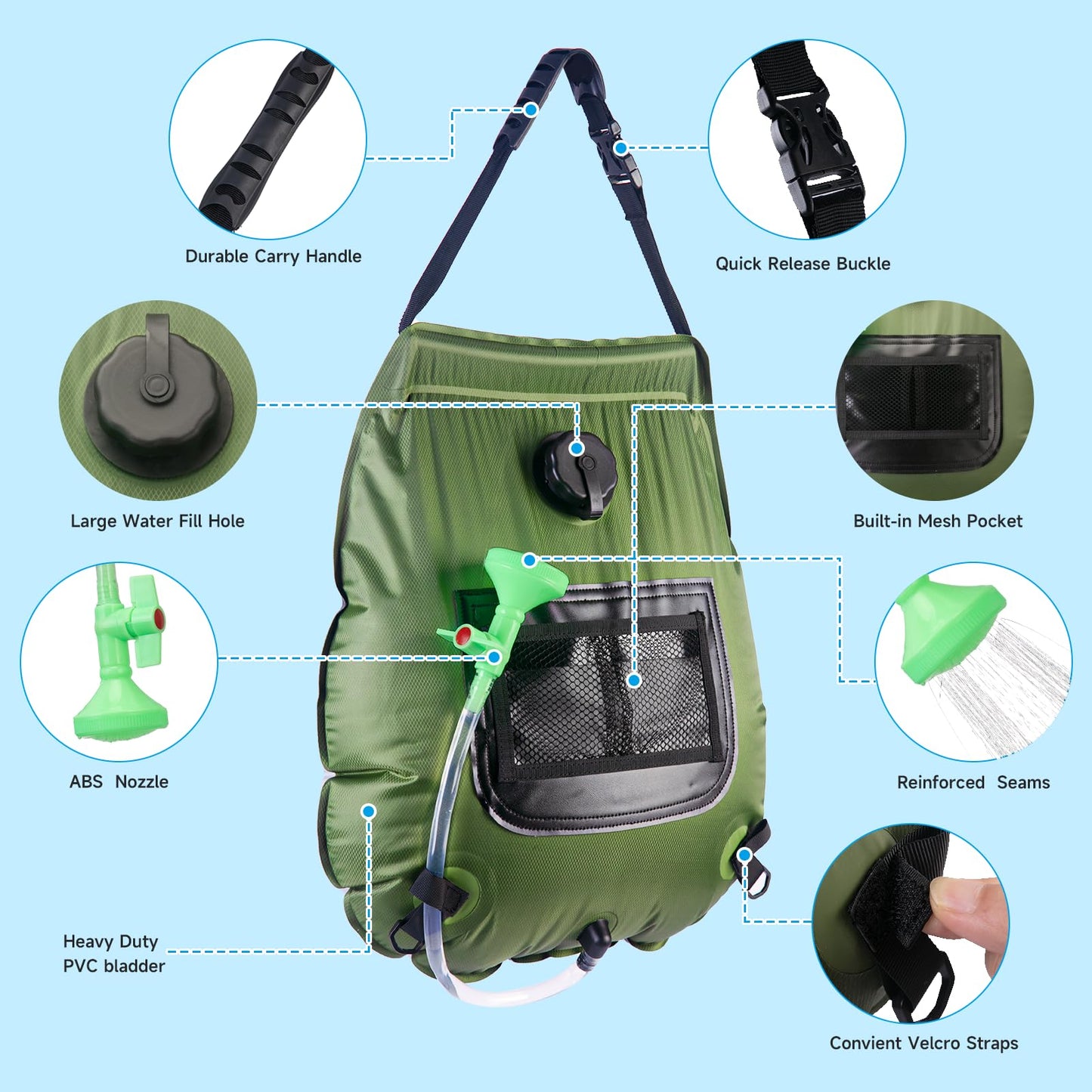 Solar Portable Shower Bag, 5 Gal/20L Solar Heating Outdoor Camping Shower Bag with On-Off Switchable Shower Head&Removable Hose Suitable for Camping, Hiking, Travel, Beach Swimming