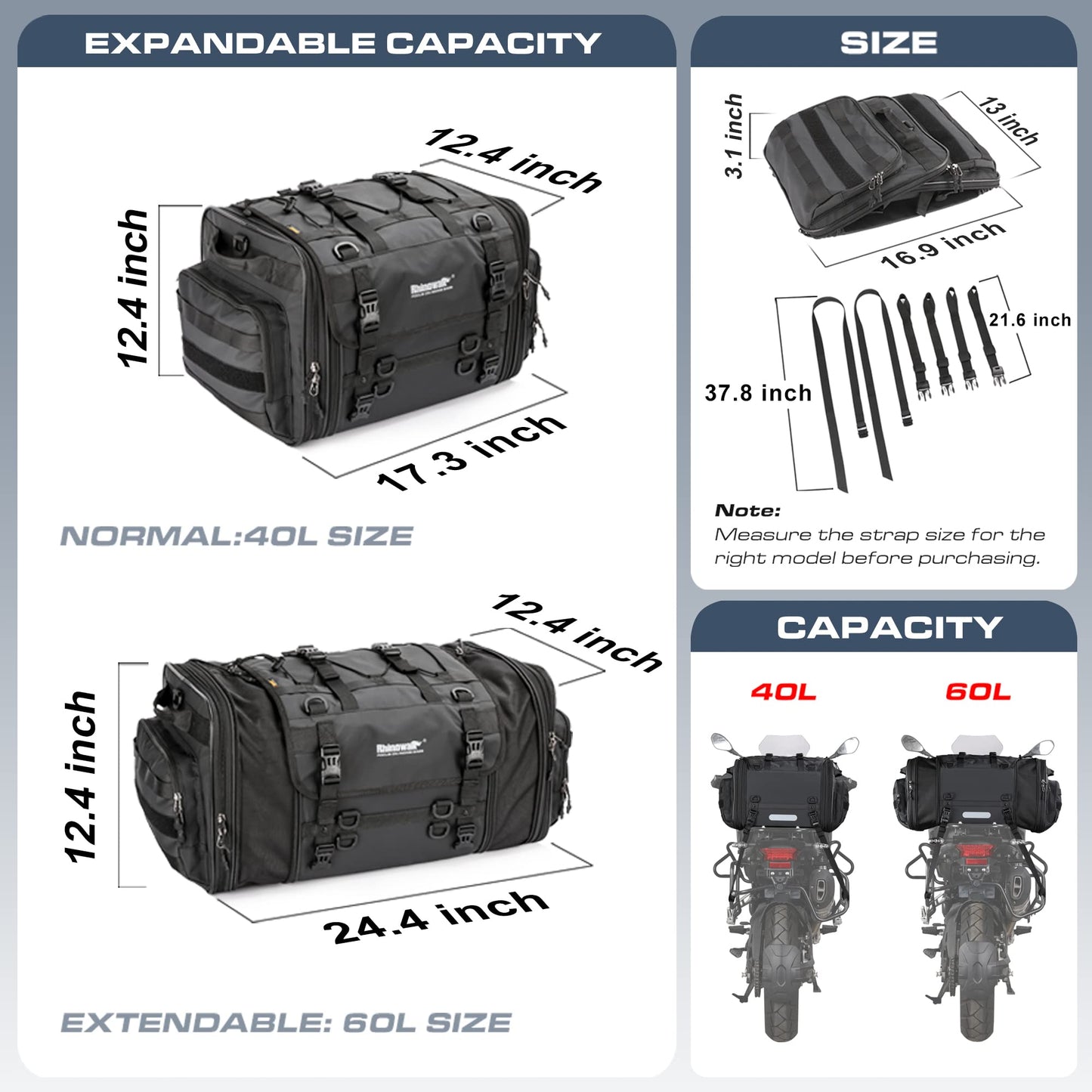Rhinowalk Motorcycle Tail Bag, Expandable Motorcycle Travel Luggage Bags 60L, Waterproof All-Weather Trunk Rack Bag with Sissy Bar Straps & Helmet Rain Cover – Black