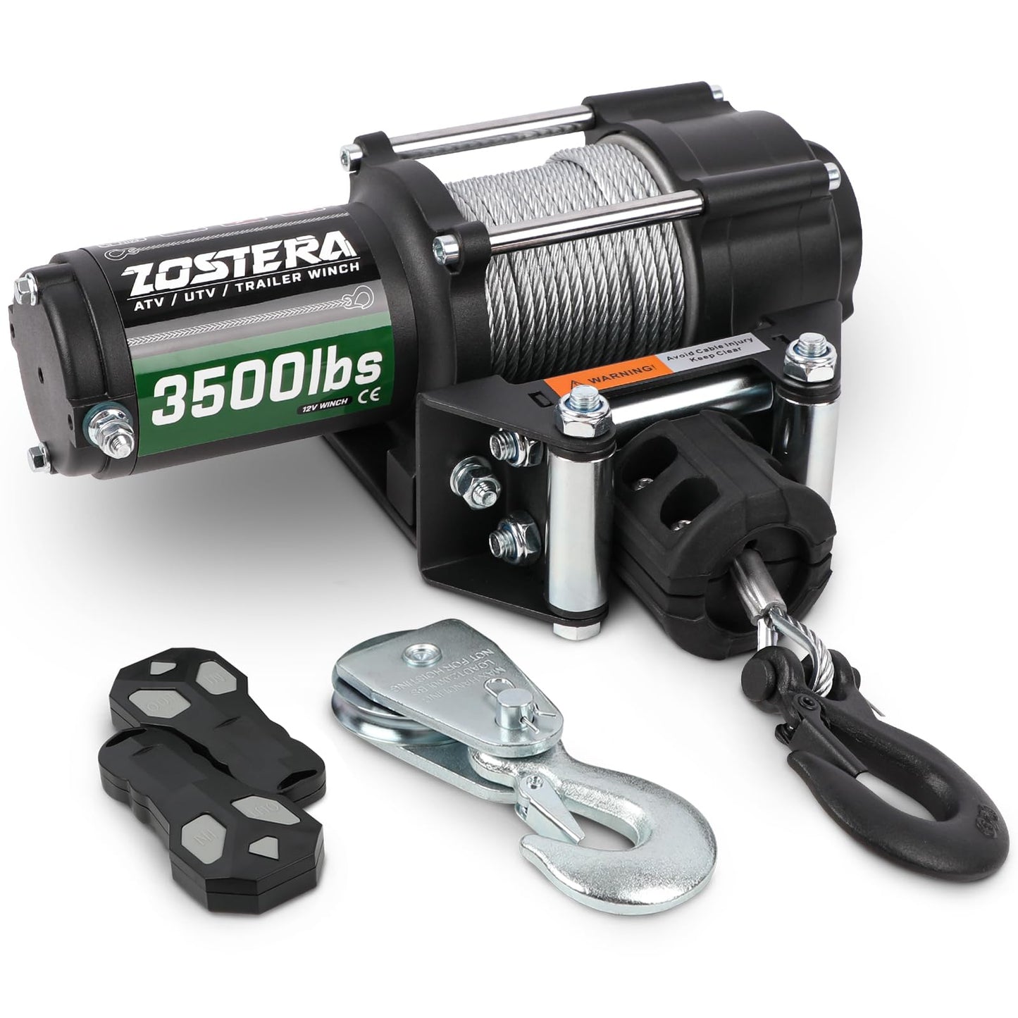 3500lbs ATV/UTV Winch with Synthetic Rope, Electric Boat Trailer Winch 12V, Waterproof Winch with 2 Wireless Remotes &Wired Switch,with Mounting Plate,Pulley,Rope Damper,Aluminium Fairlead