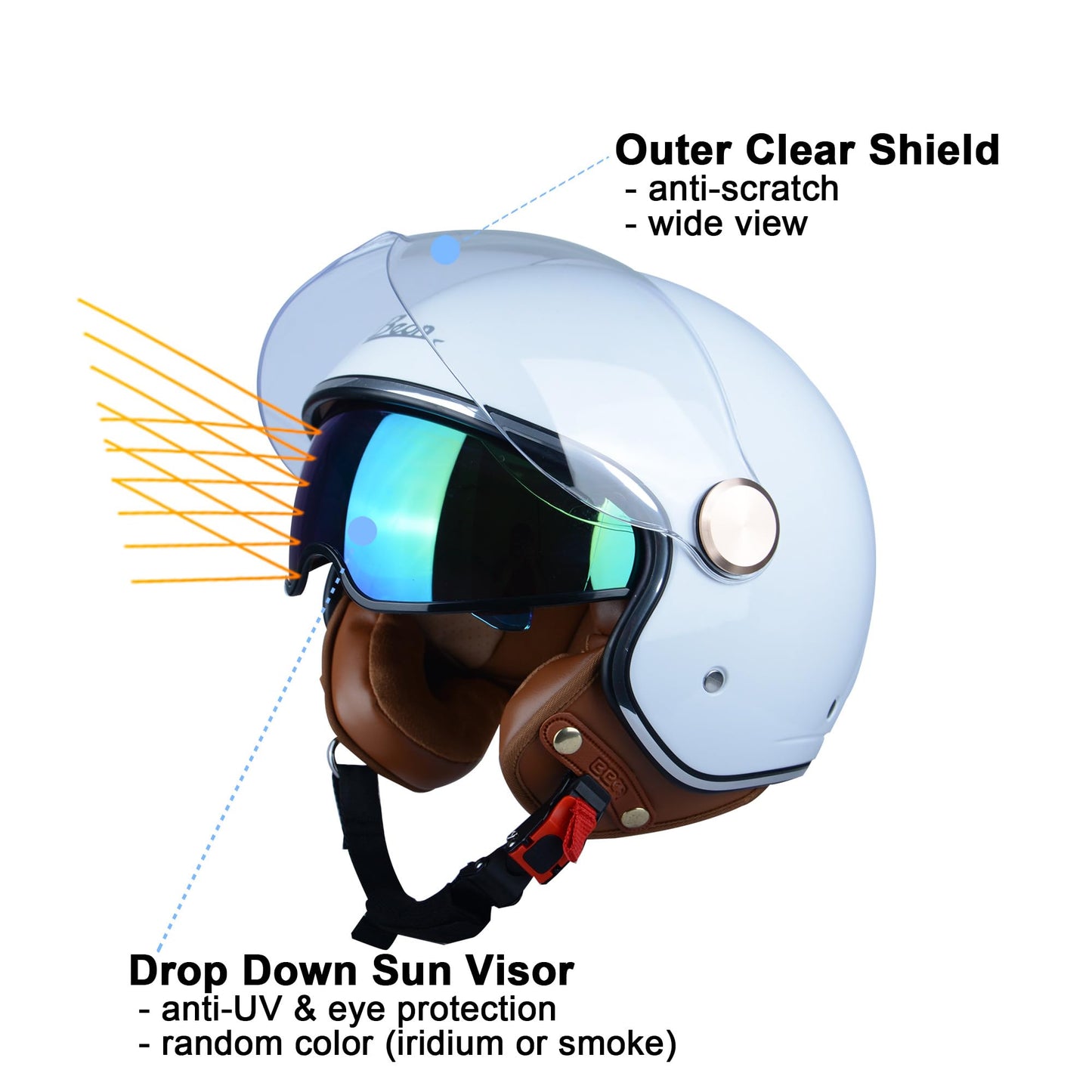 Open Face Motorcycle Helmet for Adults, DOT Approved,3/4 Retro Vespa Helmet, Dual Visors Men's and Women's Motorbike Casco for Moped Cruiser Bobber and Chopper
