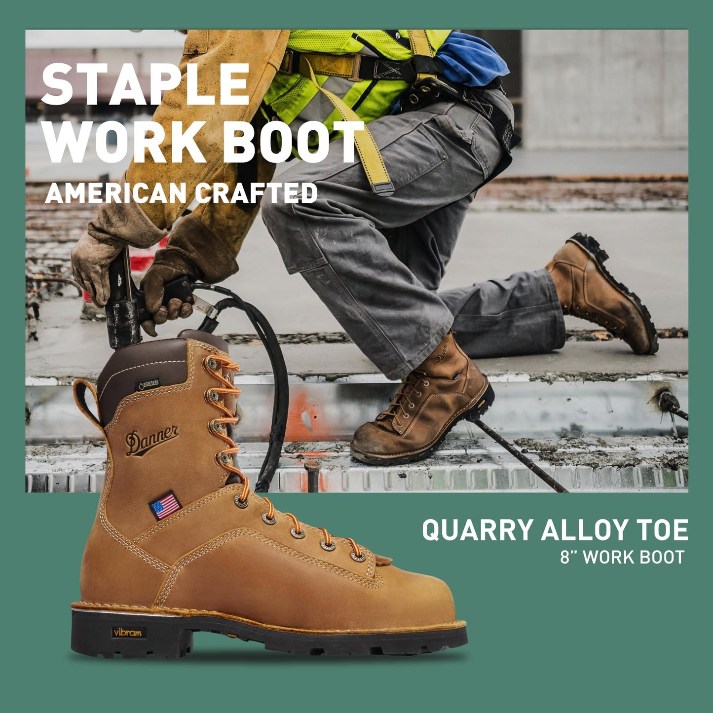 Danner 8” Quarry USA Waterproof Alloy Safety Toe Work Boots for Men - Full-Grain Leather with Gore-Tex Lining and Traction Heel Outsole, EH Resistant