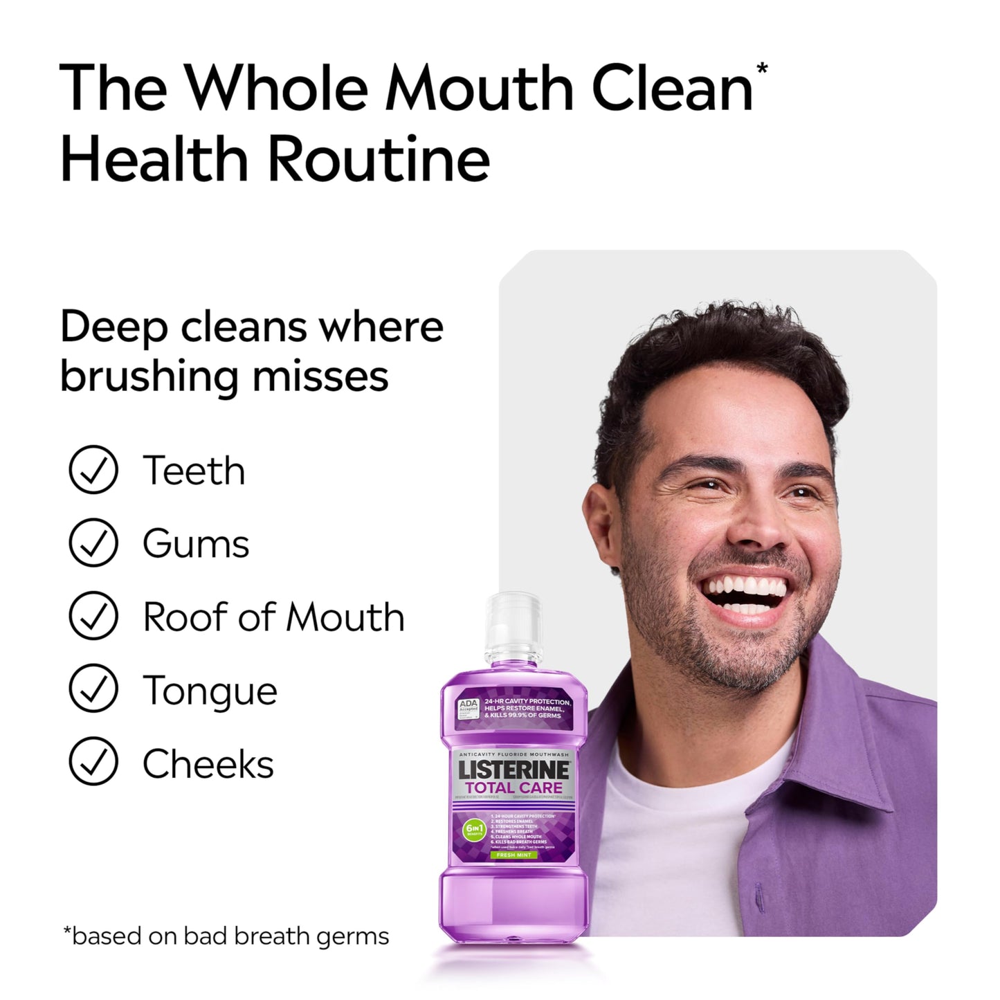 Listerine Total Care Anticavity Fluoride Mouthwash, 6 Benefits in 1 Oral Rinse Helps Kill 99% of Bad Breath Germs, Prevents Cavities, Strengthens Teeth, Fresh Mint, Twin Pack, 2 x 1 L